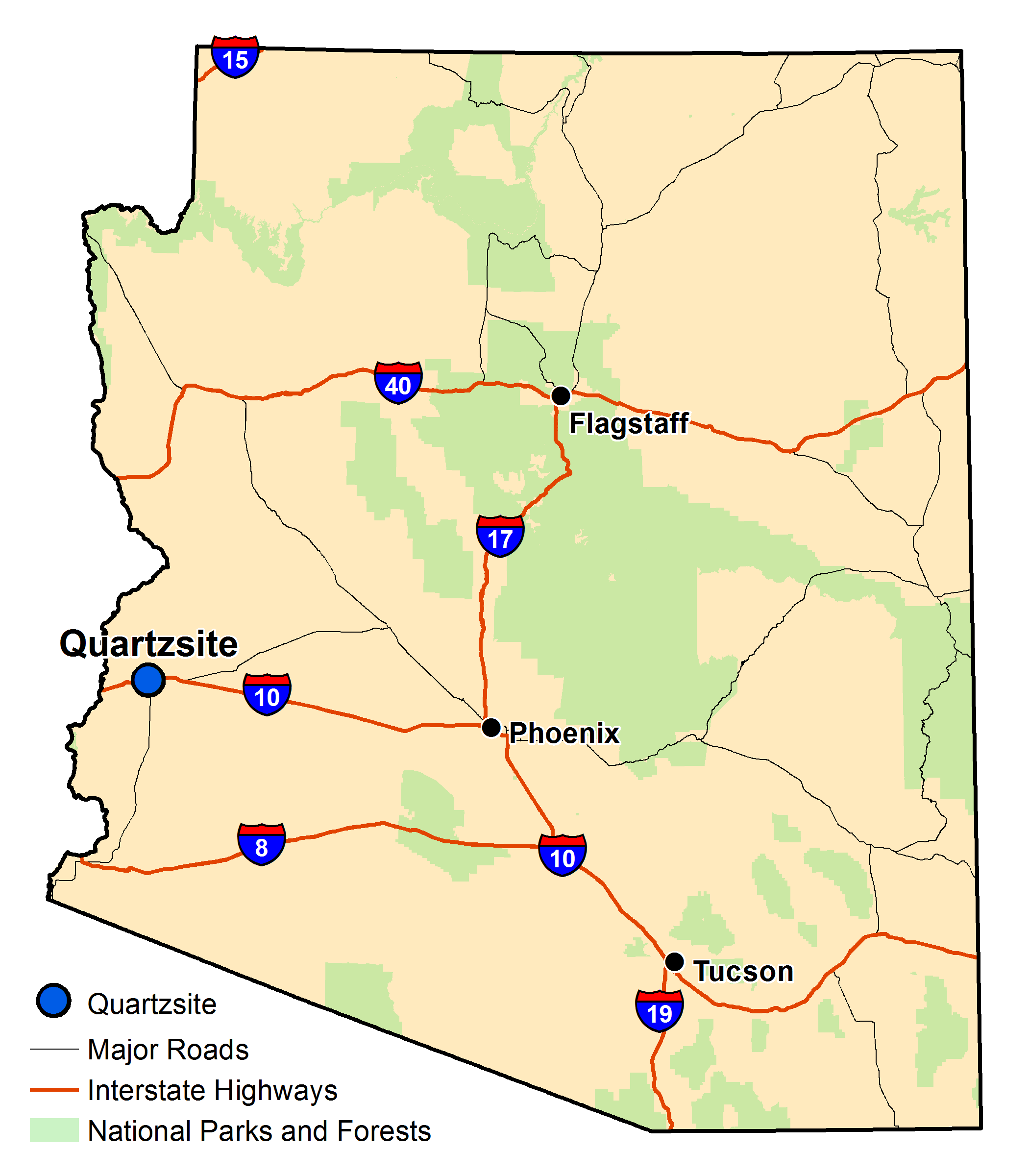 Map of Arizona with major highways and cities and the currently profiled community highlighted