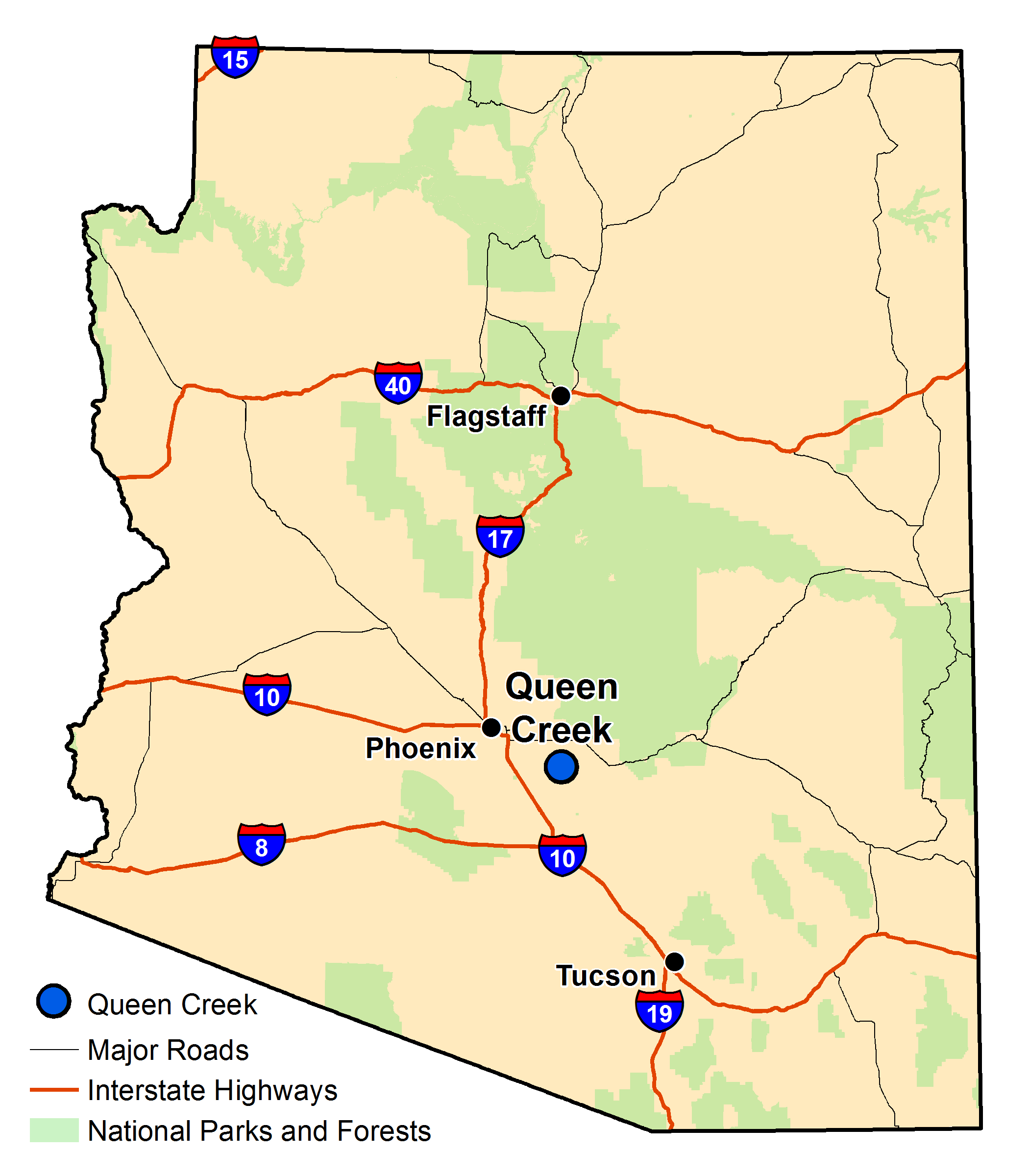 Map of Arizona with major highways and cities and the currently profiled community highlighted