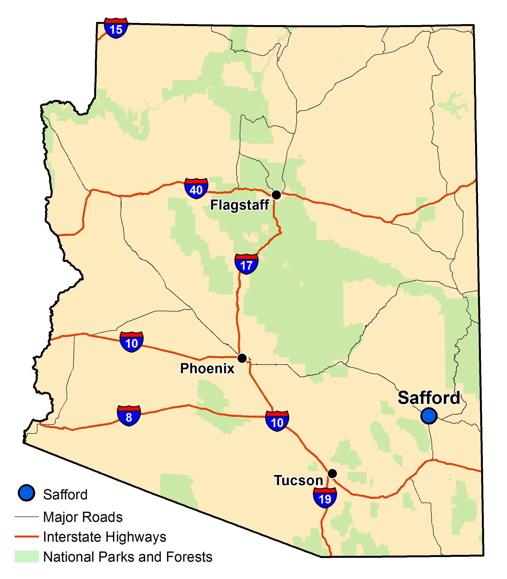Map of Arizona with major highways and cities and the currently profiled community highlighted