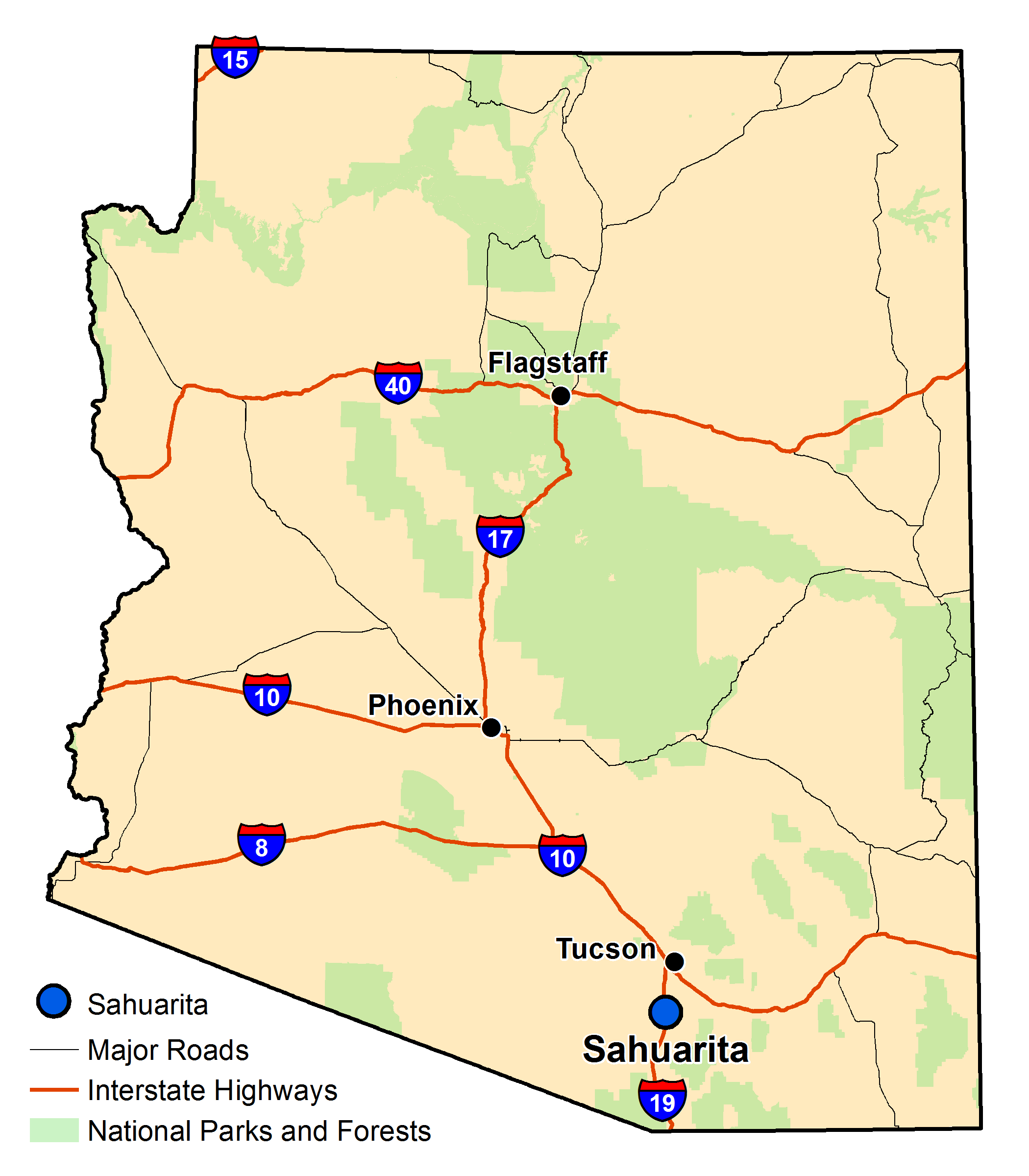 Map of Arizona with major highways and cities and the currently profiled community highlighted