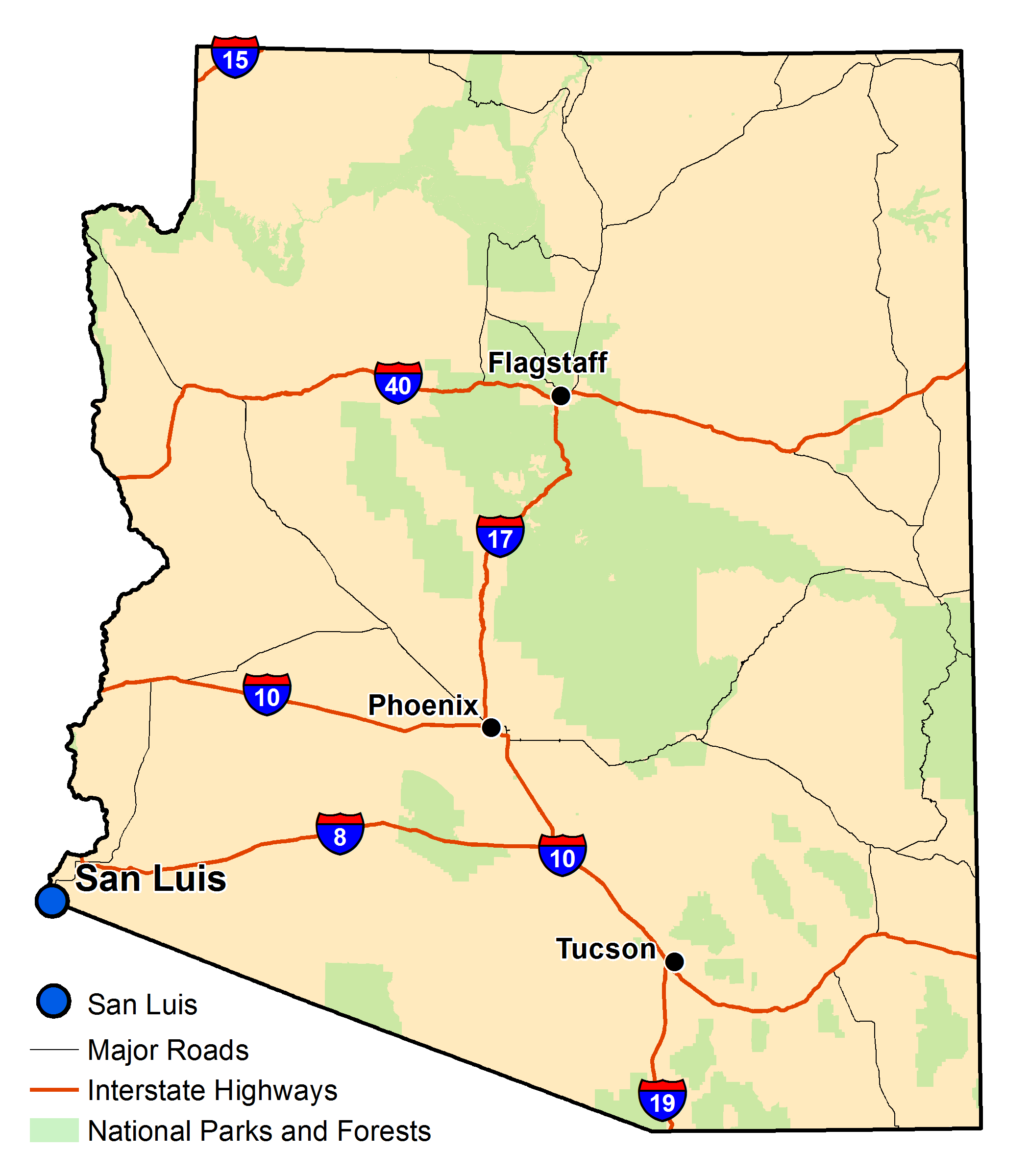 Map of Arizona with major highways and cities and the currently profiled community highlighted