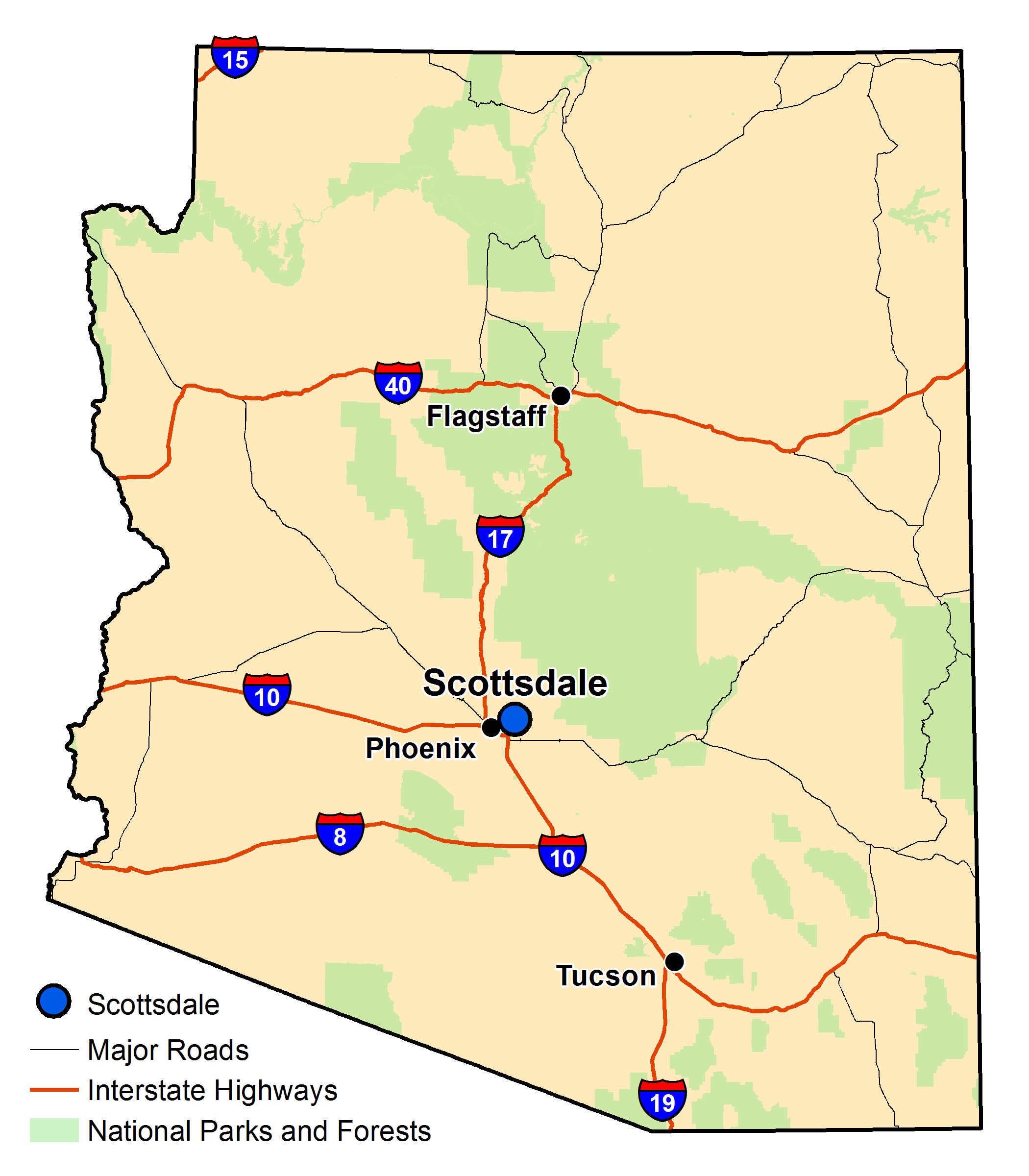 Map of Arizona with major highways and cities and the currently profiled community highlighted