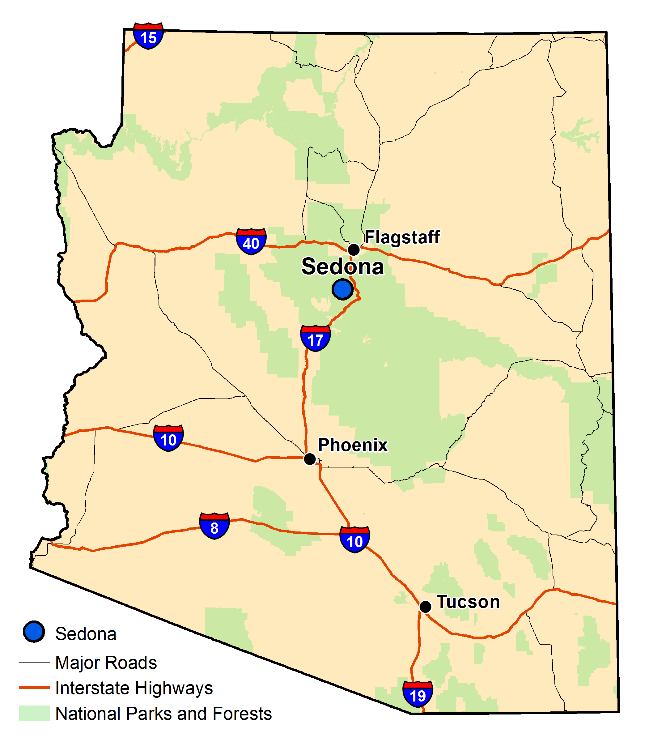 Map of Arizona with major highways and cities and the currently profiled community highlighted