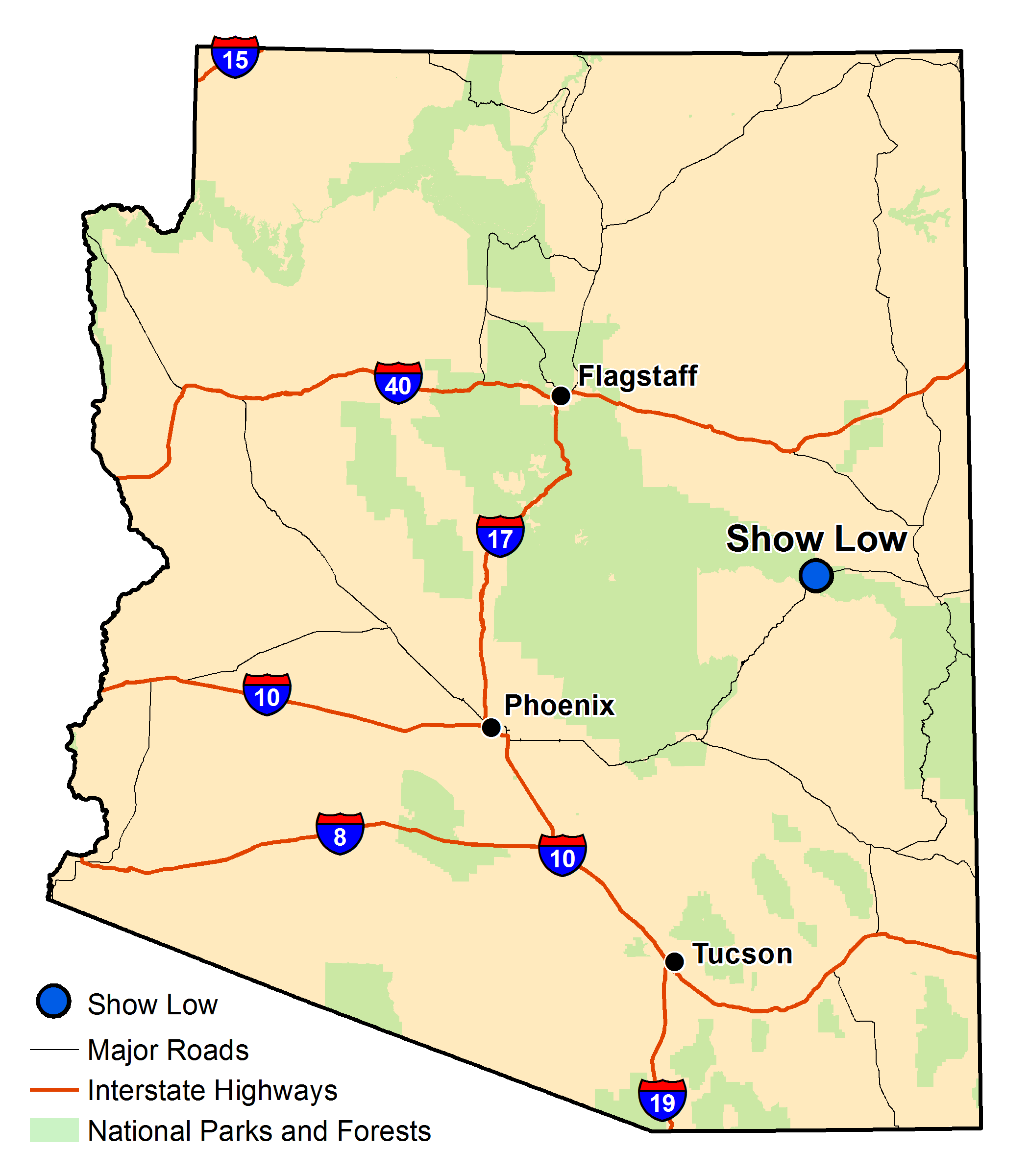 Map of Arizona with major highways and cities and the currently profiled community highlighted