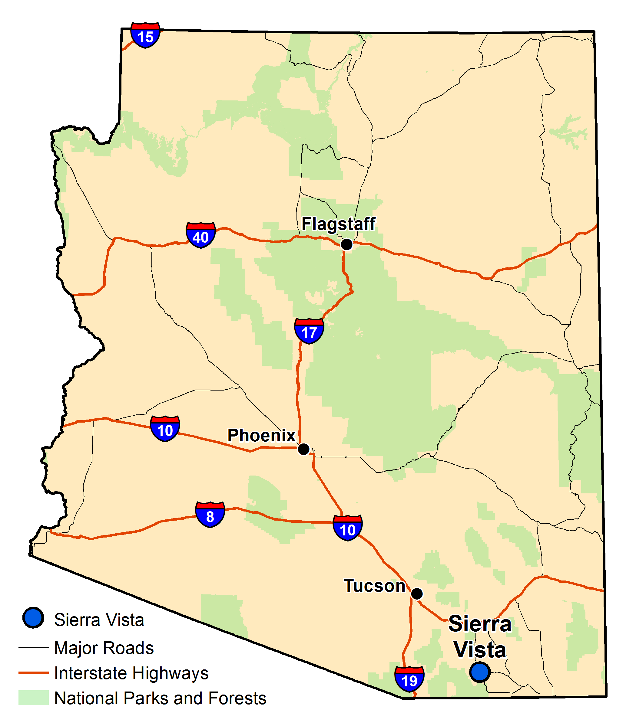 Map of Arizona with major highways and cities and the currently profiled community highlighted