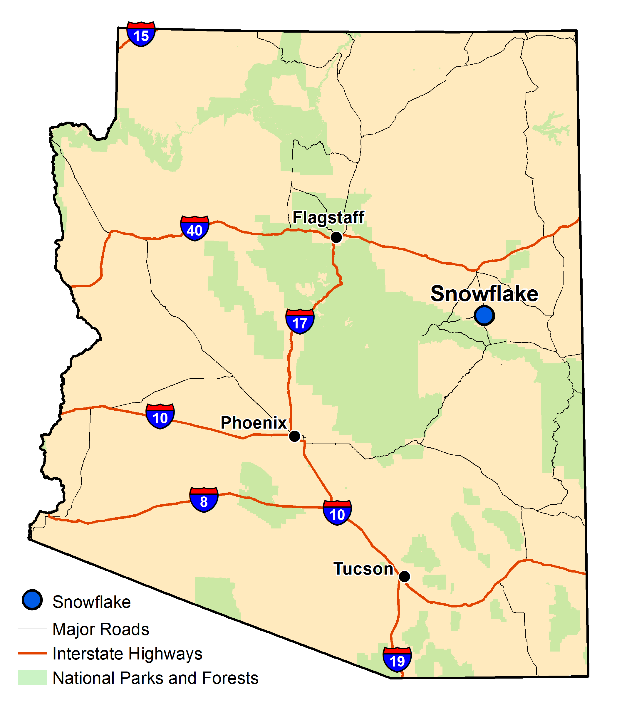 Map of Arizona with major highways and cities and the currently profiled community highlighted