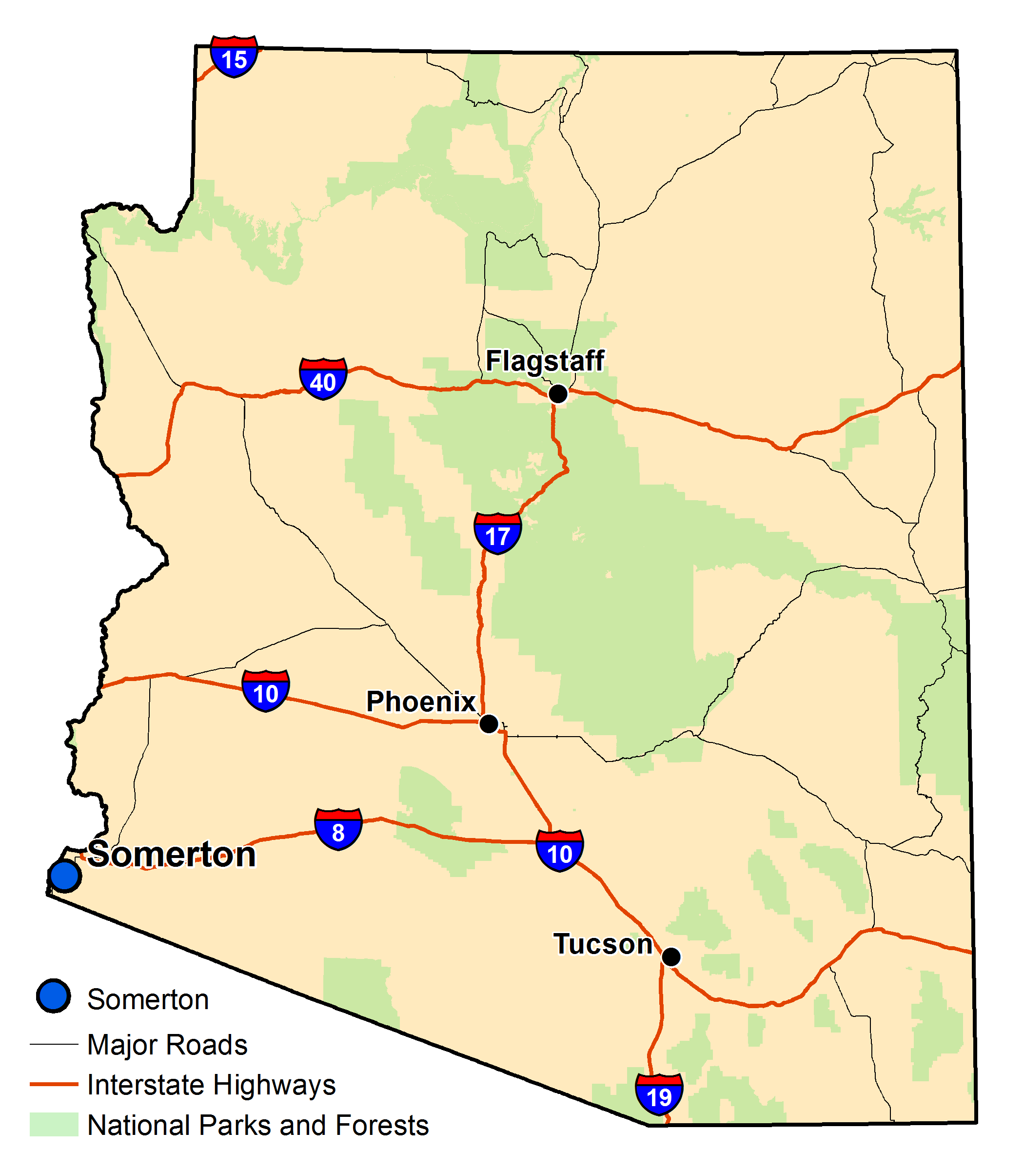 Map of Arizona with major highways and cities and the currently profiled community highlighted