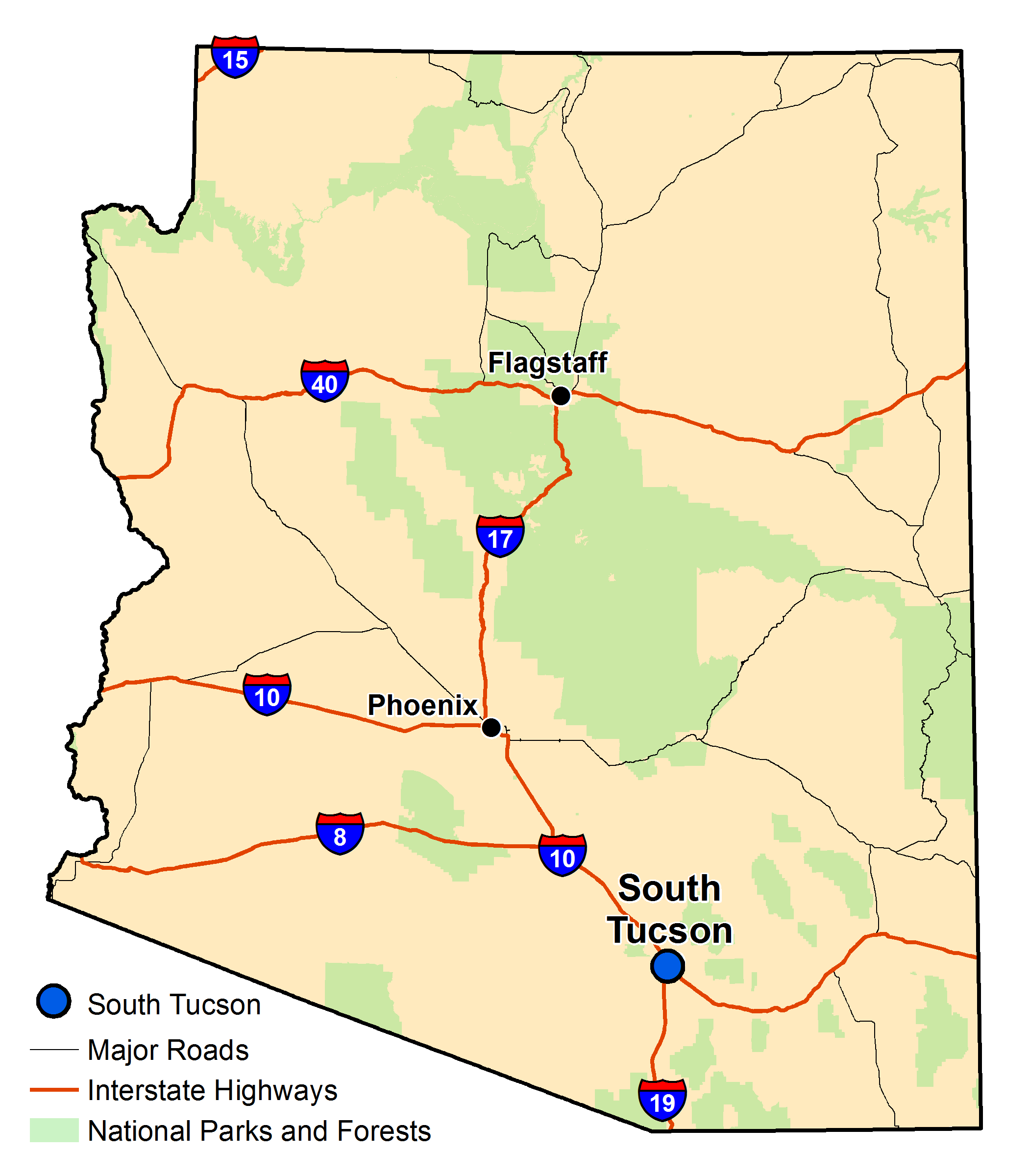 Map of Arizona with major highways and cities and the currently profiled community highlighted