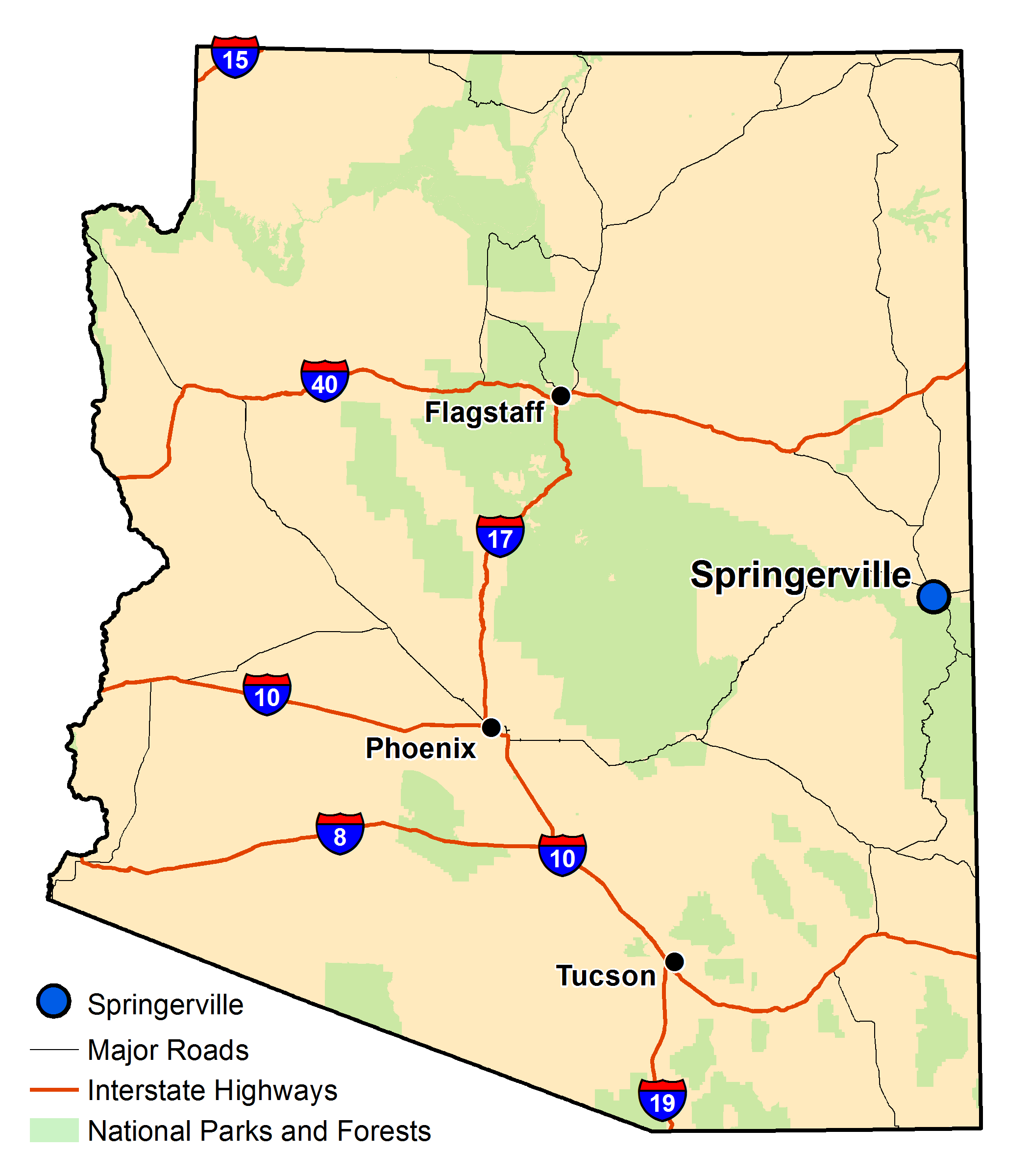 Map of Arizona with major highways and cities and the currently profiled community highlighted