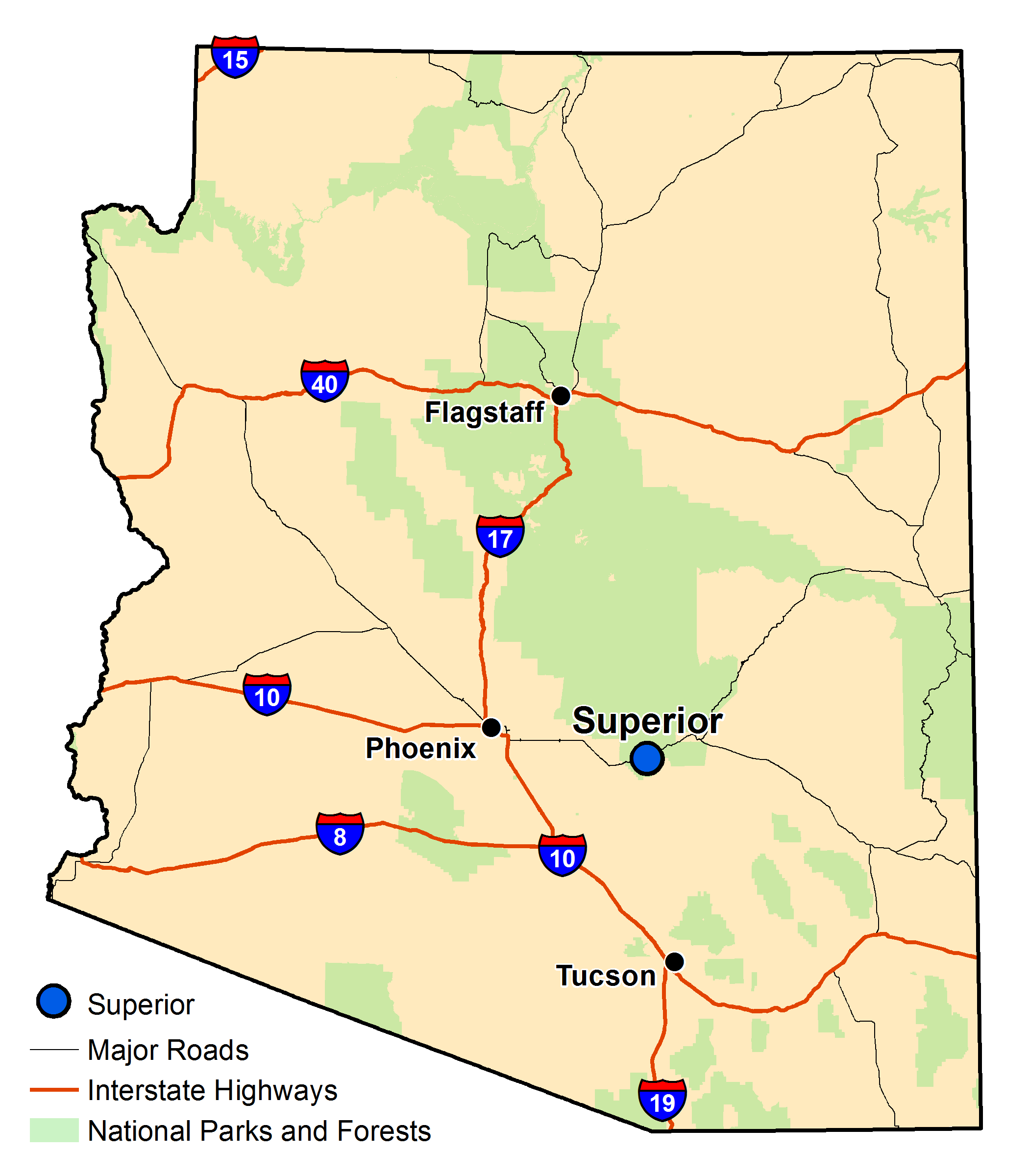 Map of Arizona with major highways and cities and the currently profiled community highlighted