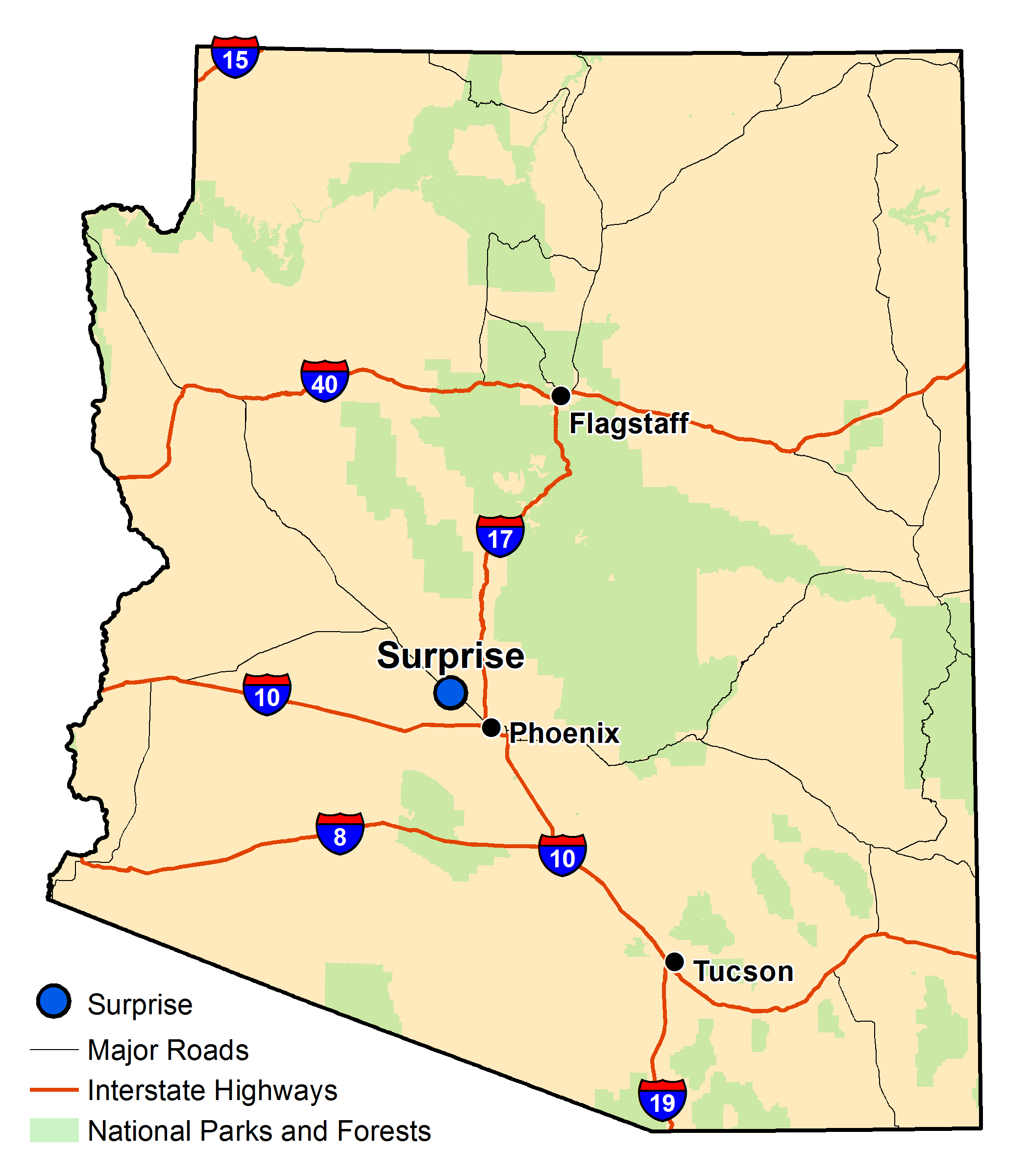 Map of Arizona with major highways and cities and the currently profiled community highlighted