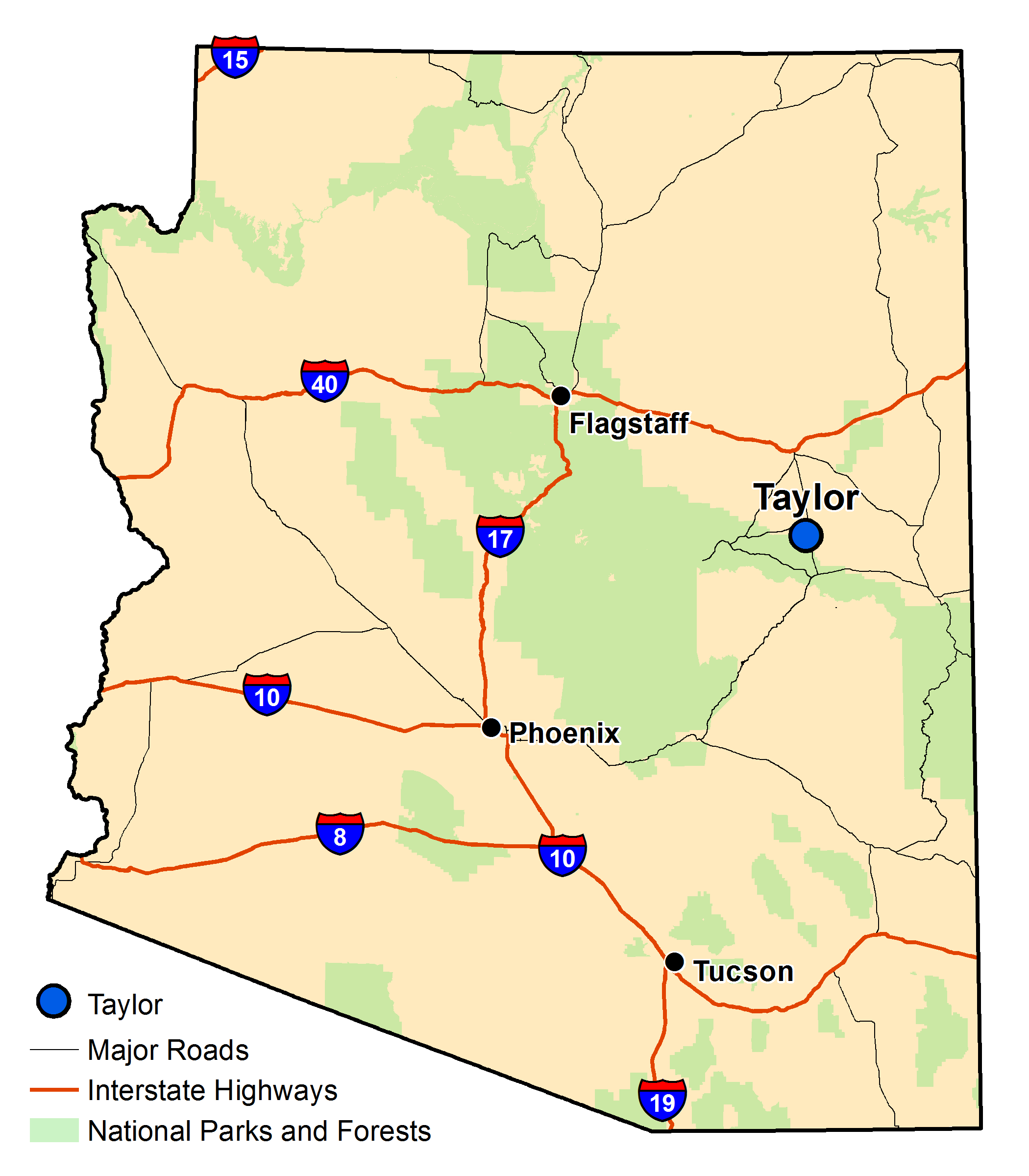 Map of Arizona with major highways and cities and the currently profiled community highlighted