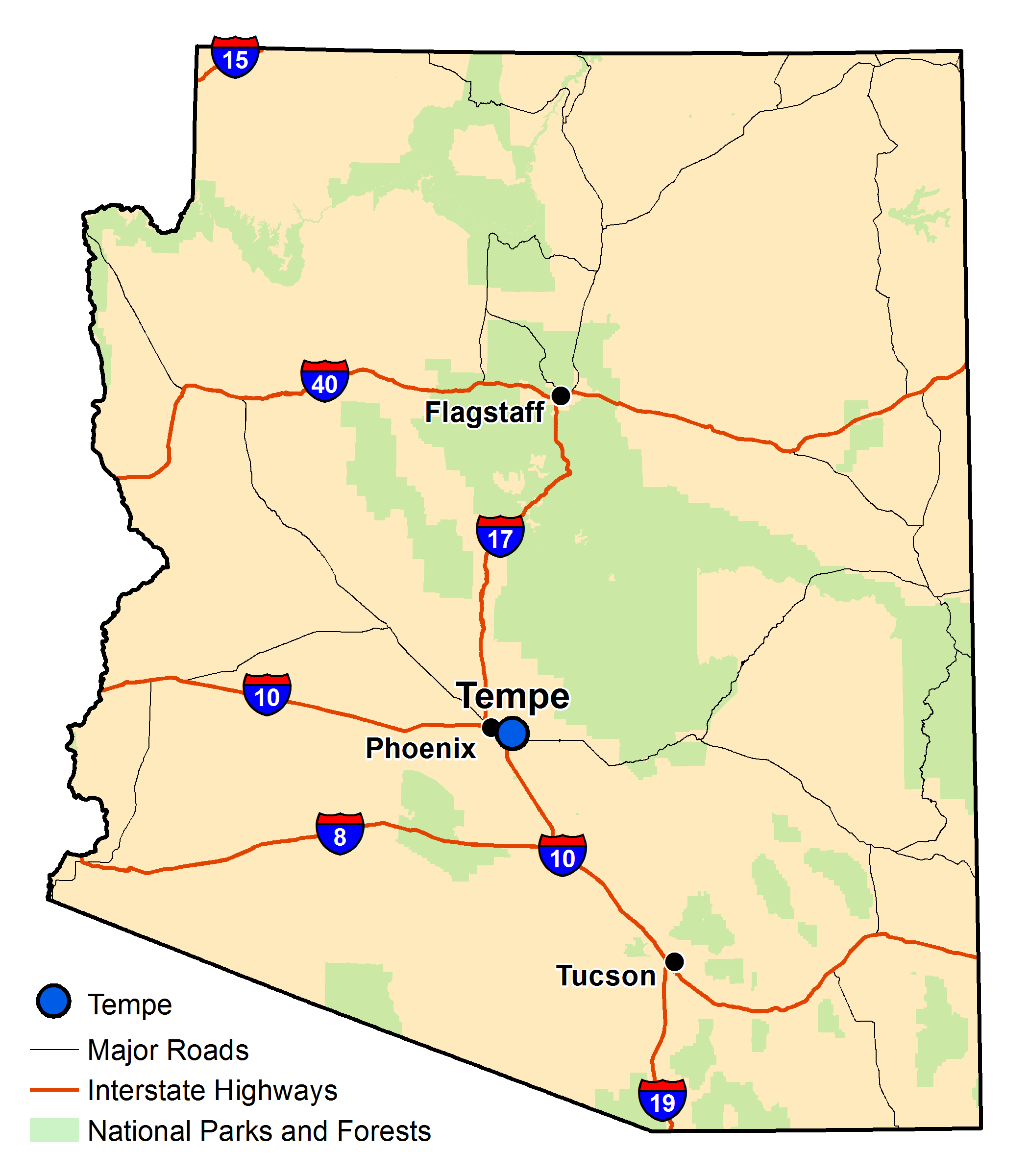 Map of Arizona with major highways and cities and the currently profiled community highlighted