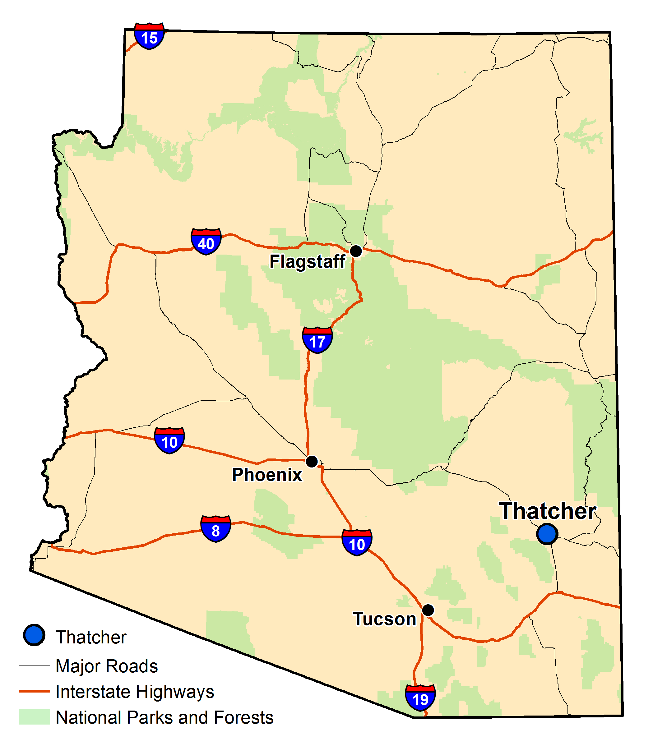 Map of Arizona with major highways and cities and the currently profiled community highlighted