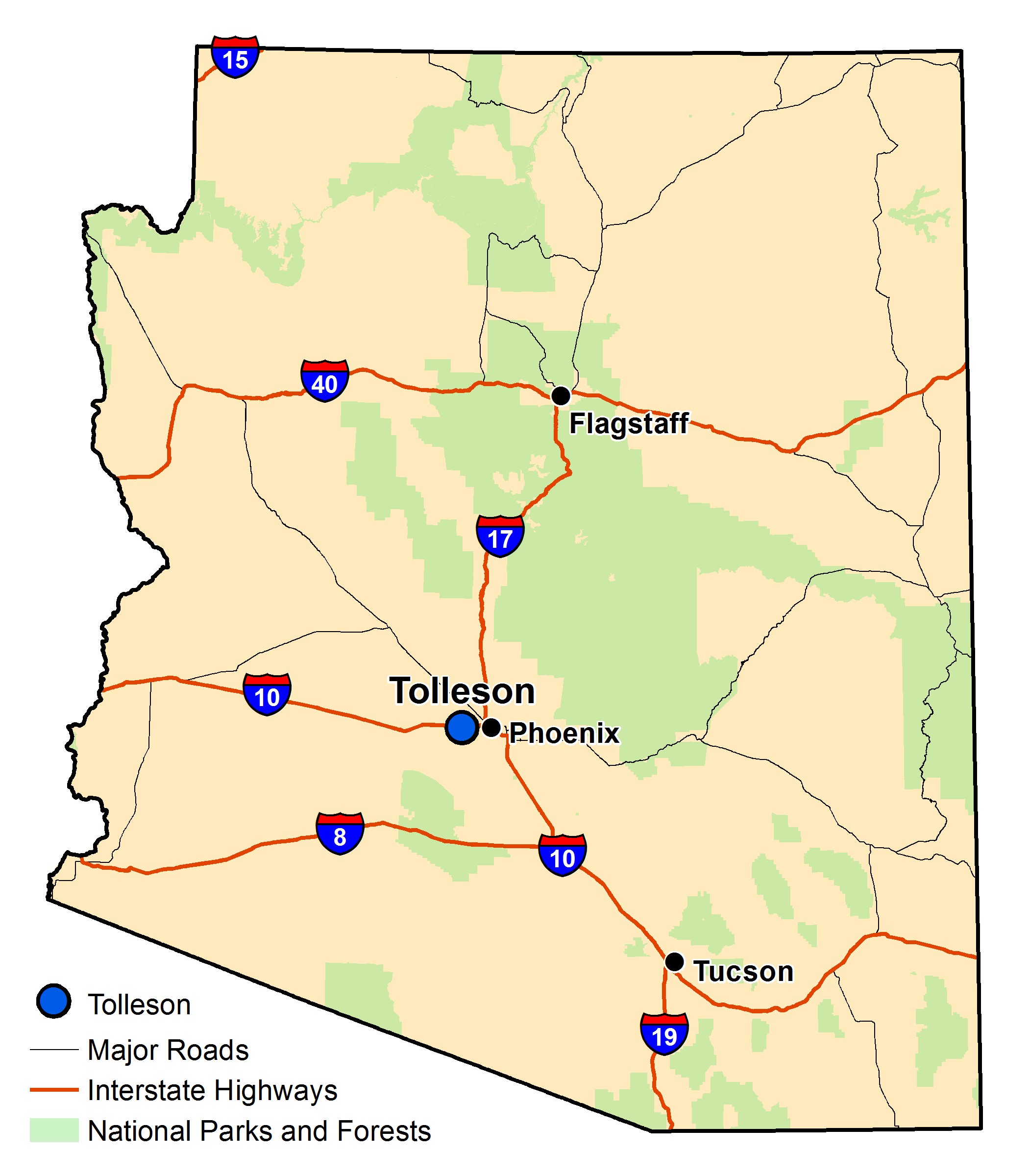 Map of Arizona with major highways and cities and the currently profiled community highlighted