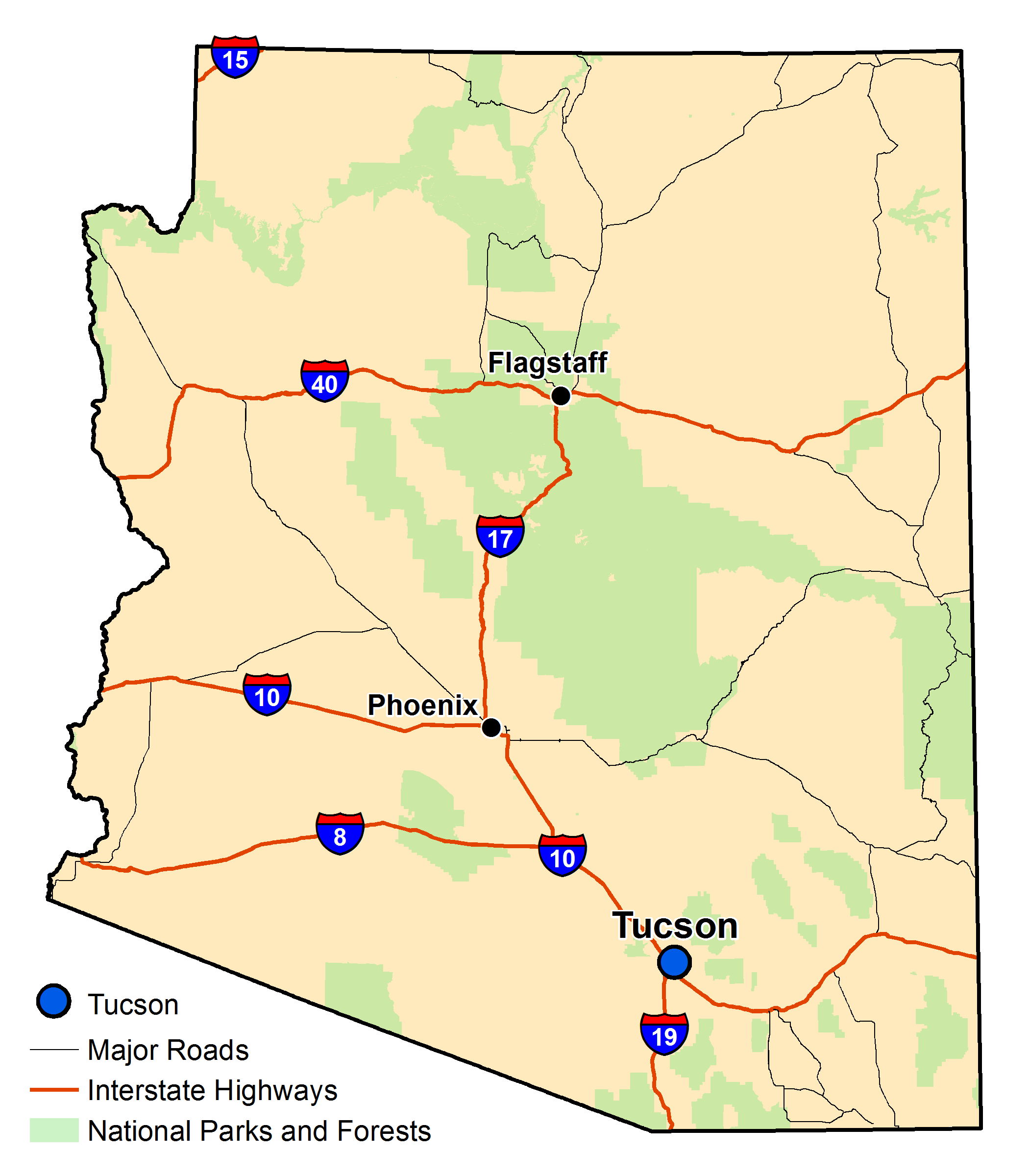 Map of Arizona with major highways and cities and the currently profiled community highlighted