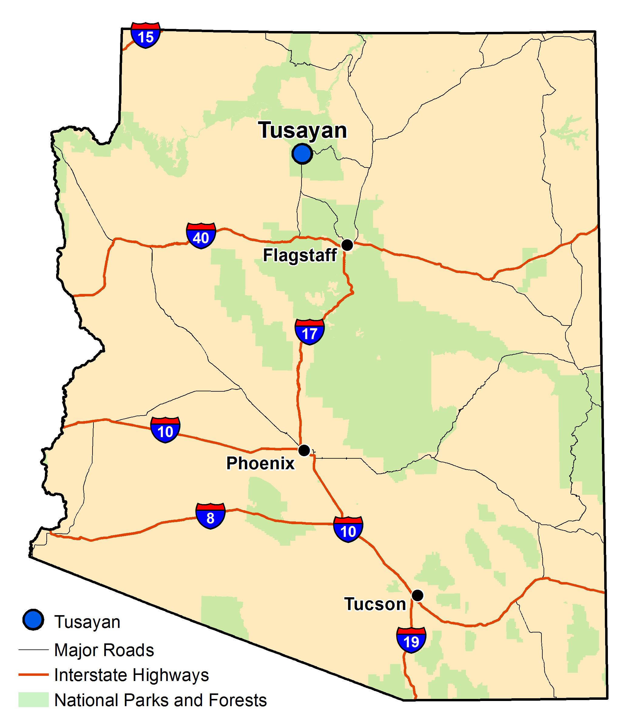 Map of Arizona with major highways and cities and the currently profiled community highlighted