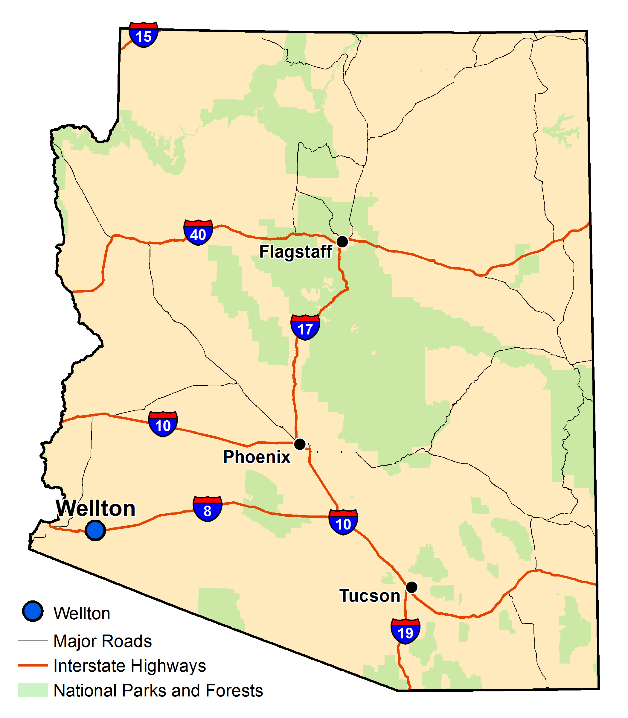 Map of Arizona with major highways and cities and the currently profiled community highlighted