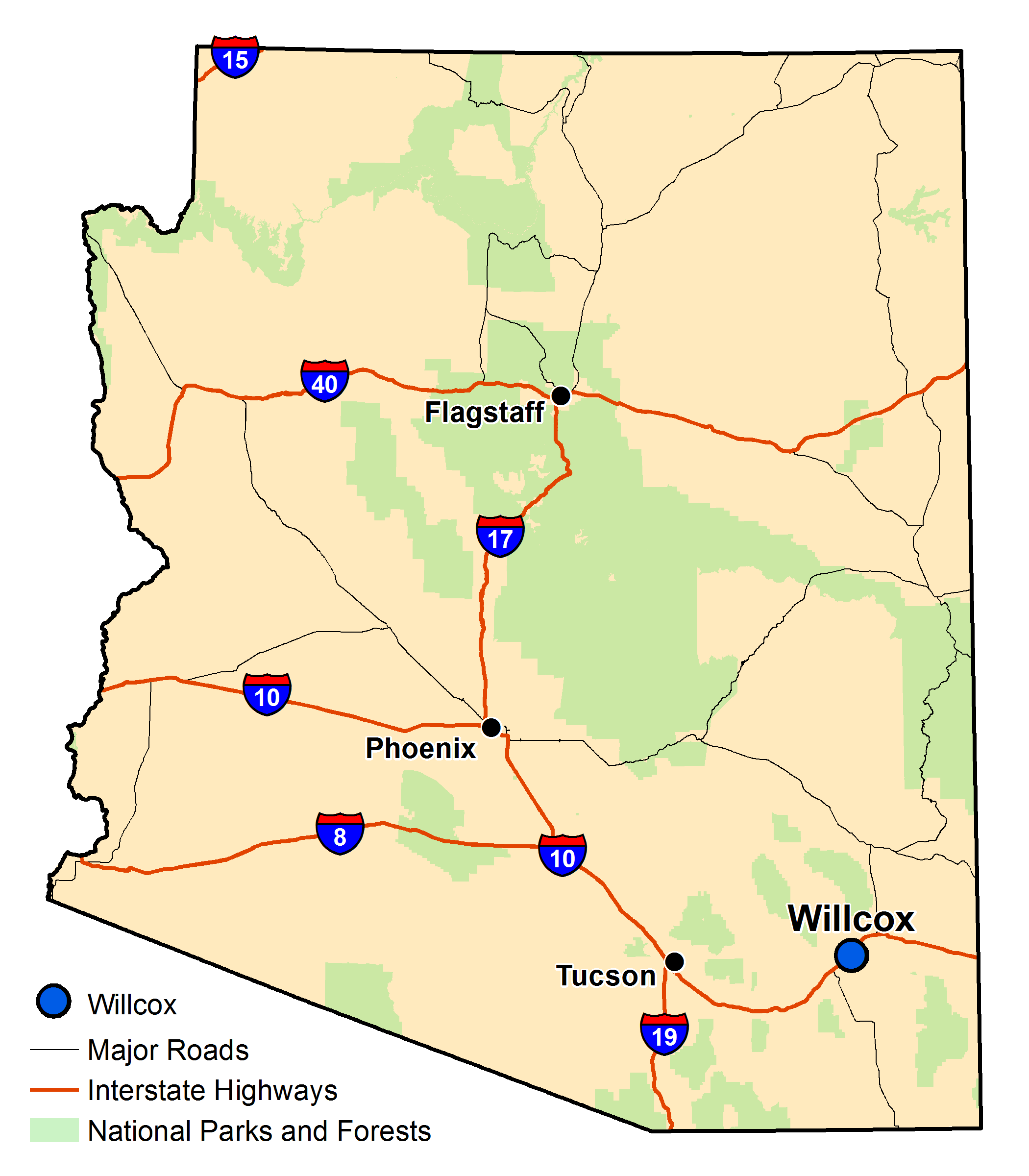 Map of Arizona with major highways and cities and the currently profiled community highlighted