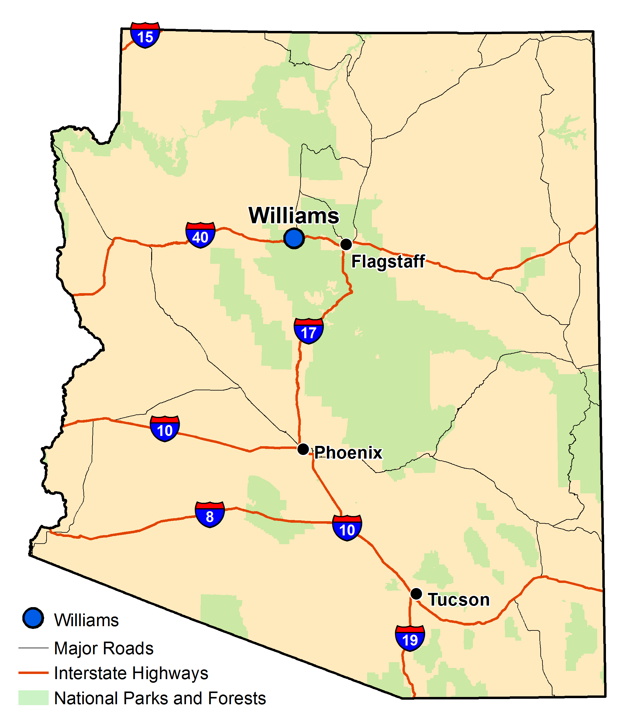 Map of Arizona with major highways and cities and the currently profiled community highlighted