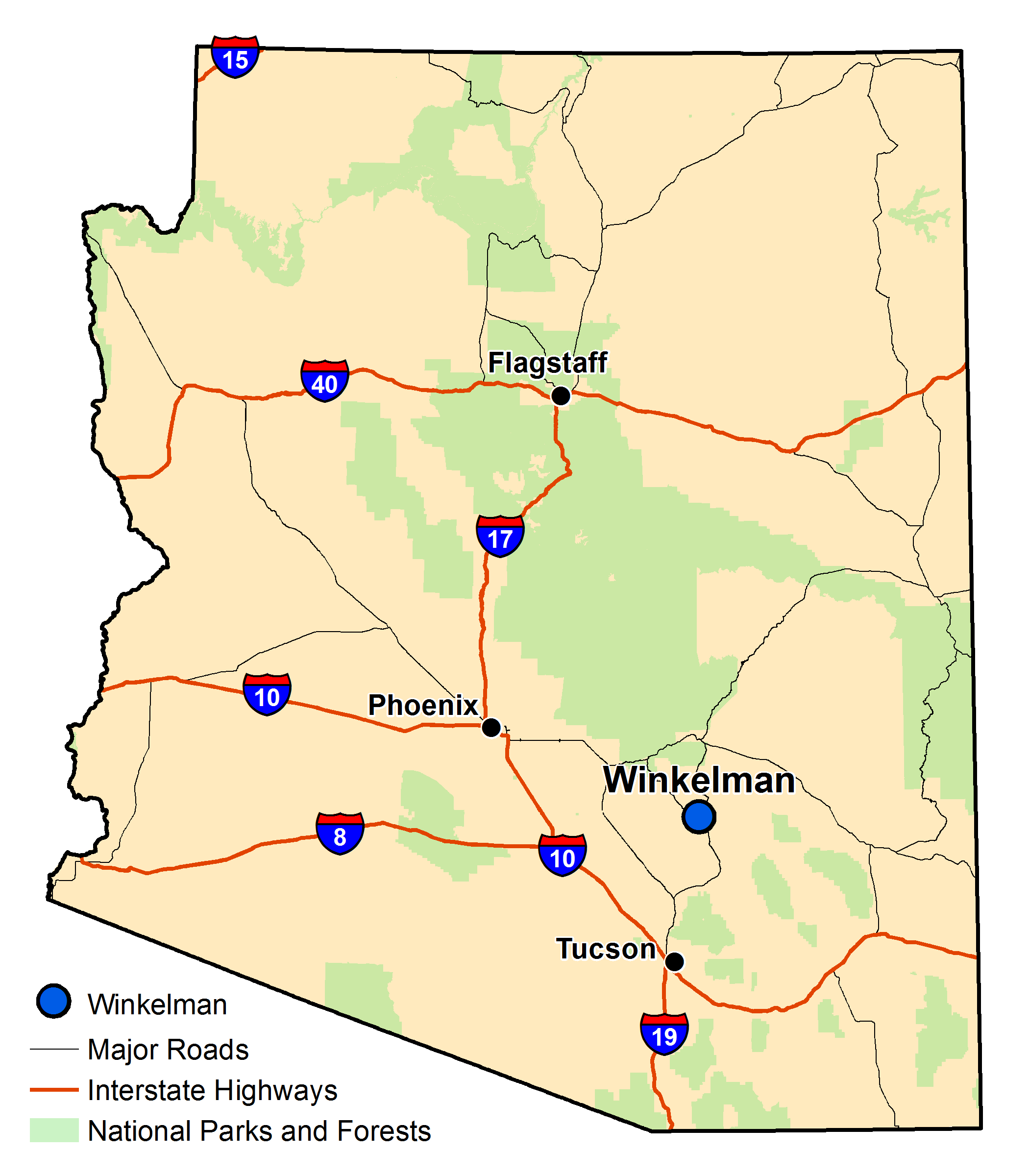Map of Arizona with major highways and cities and the currently profiled community highlighted