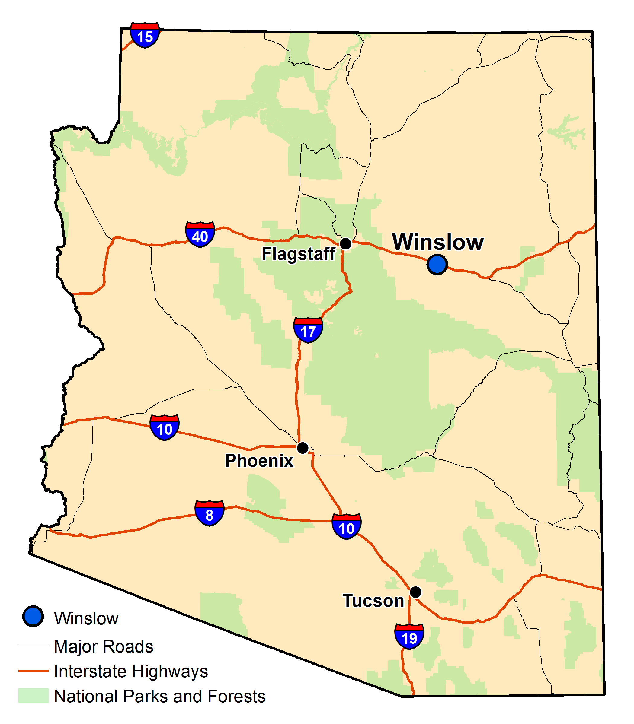 Map of Arizona with major highways and cities and the currently profiled community highlighted
