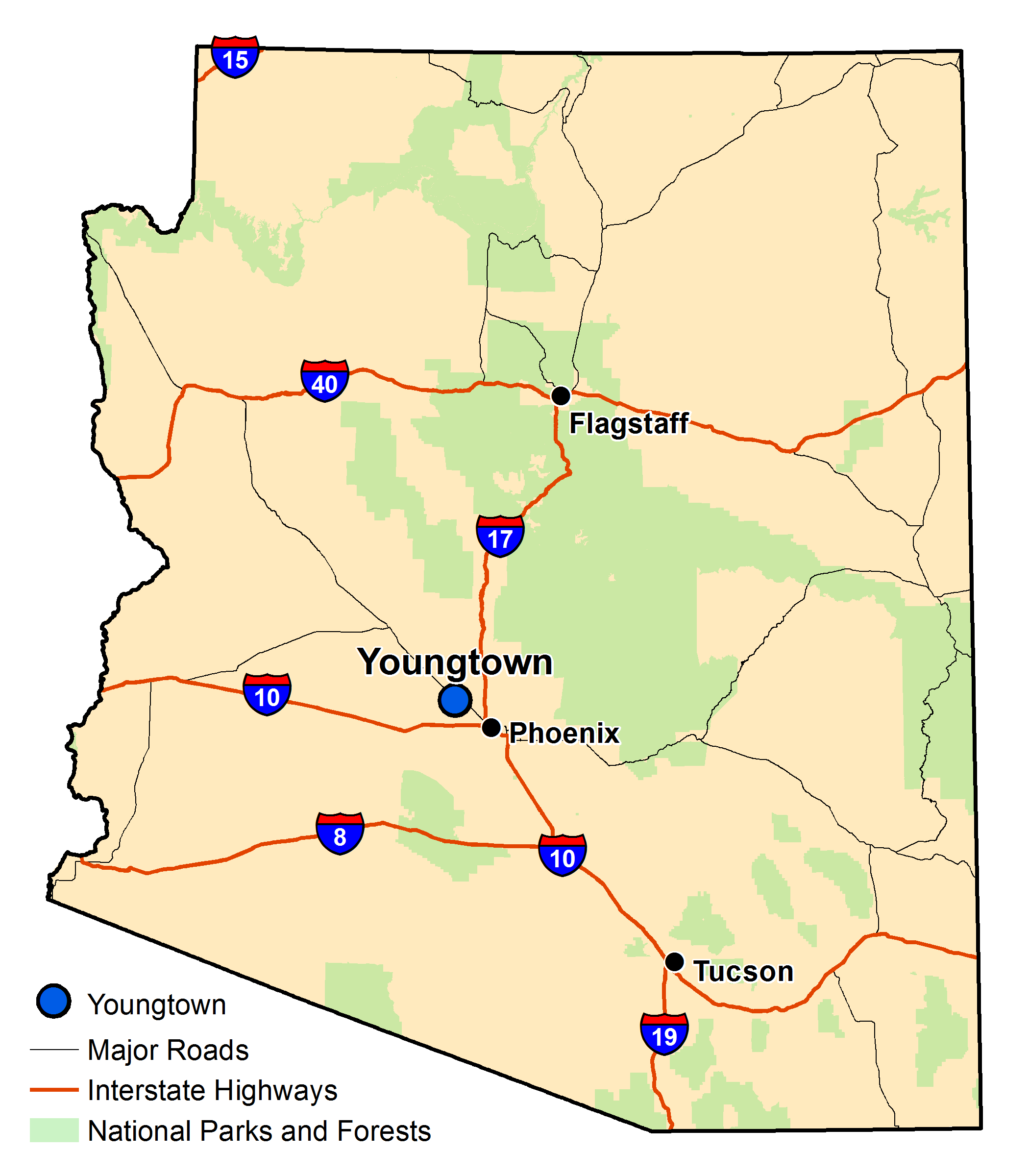 Map of Arizona with major highways and cities and the currently profiled community highlighted