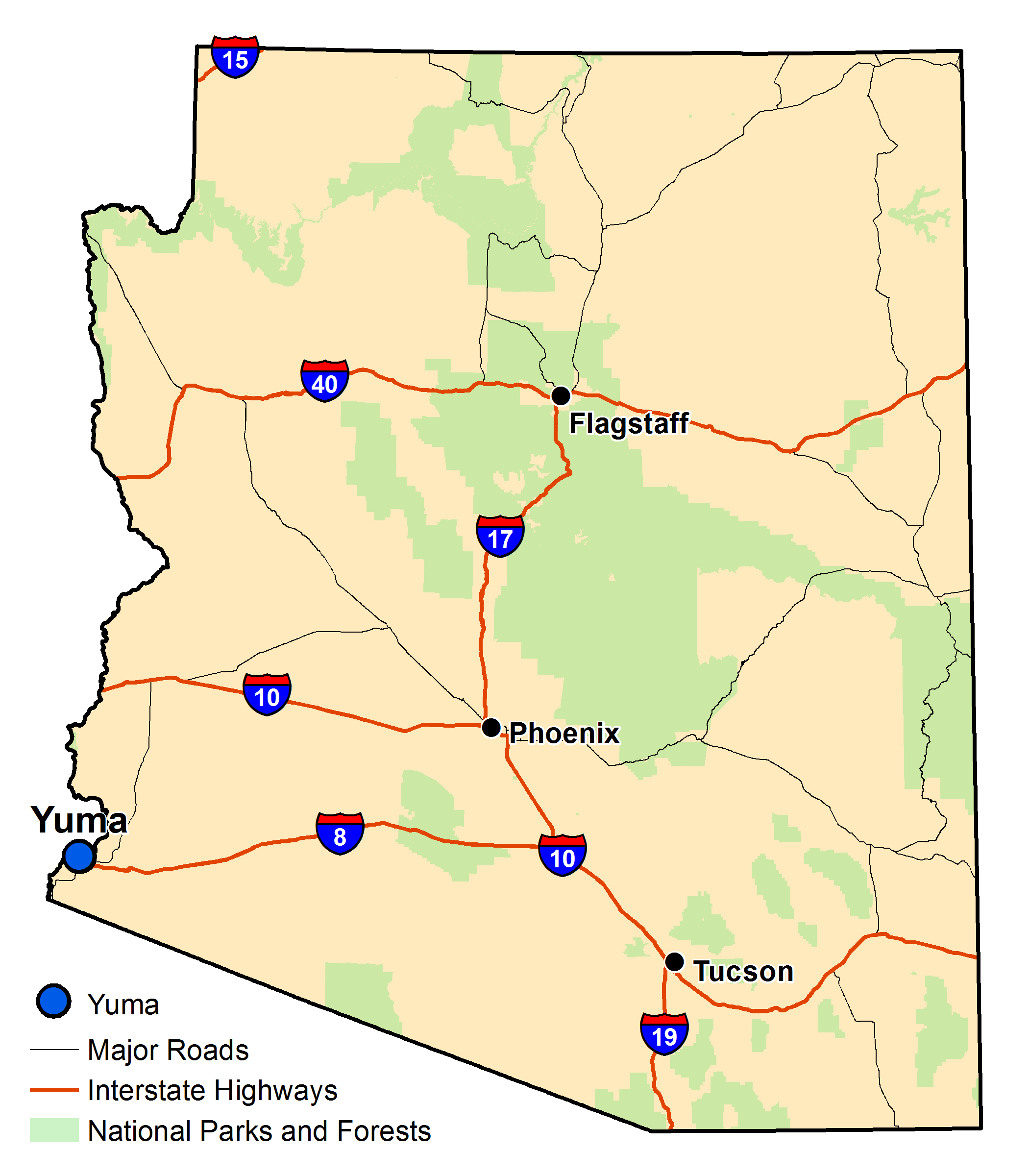 Map of Arizona with major highways and cities and the currently profiled community highlighted