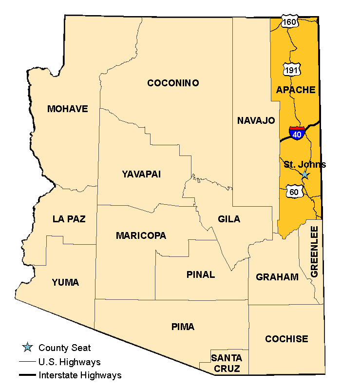 Map of Arizona with Apache County County highlighted