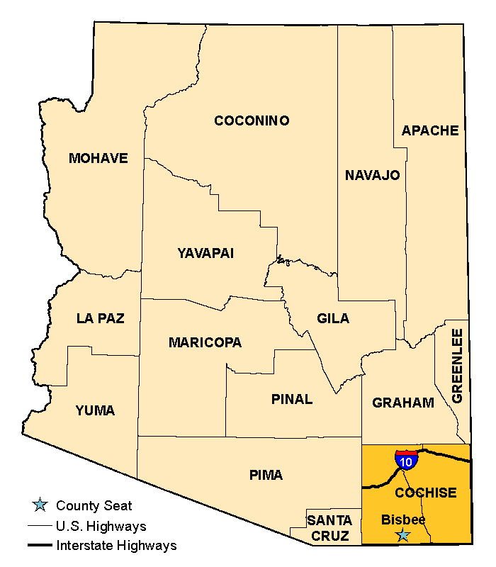Map of Arizona with Cochise County County highlighted