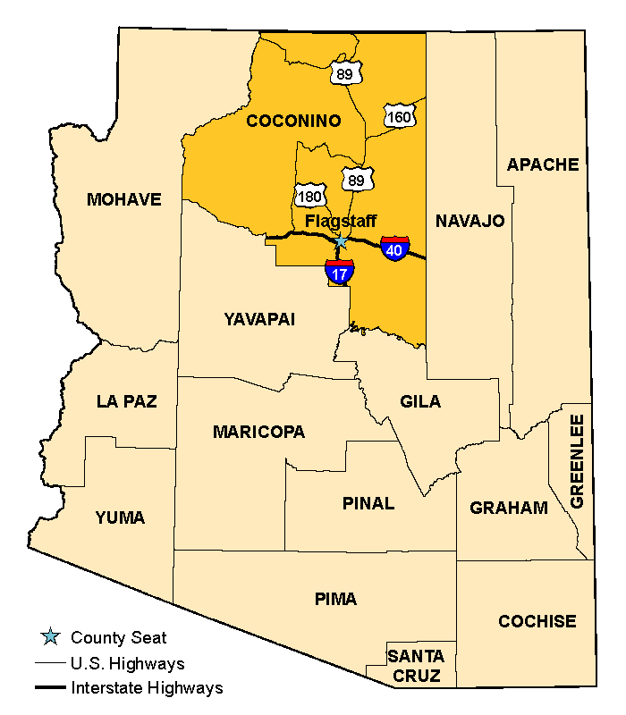 Map of Arizona with Coconino County County highlighted