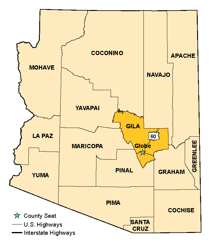 Map of Arizona with Gila County County highlighted