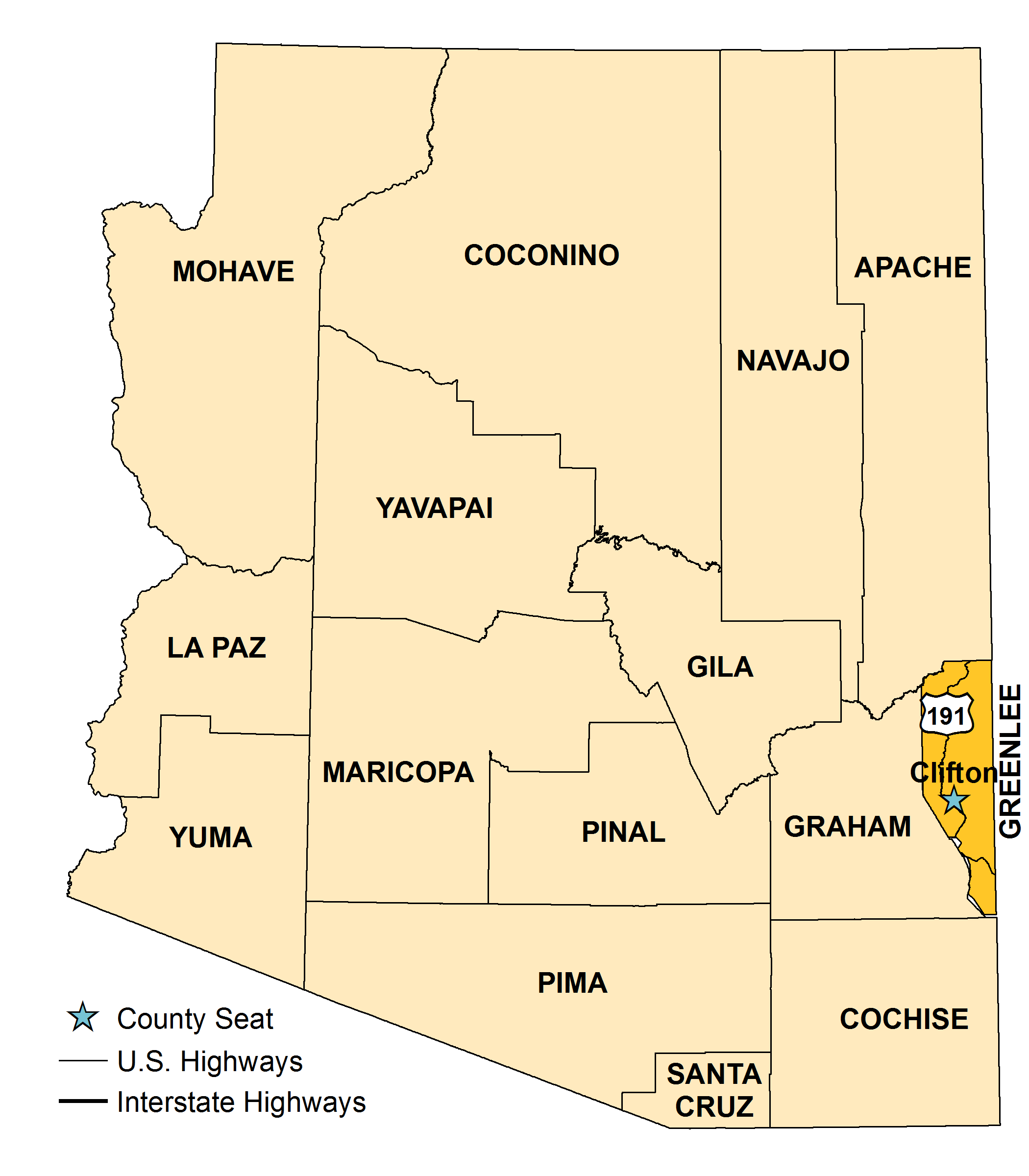 Map of Arizona with Greenlee County County highlighted