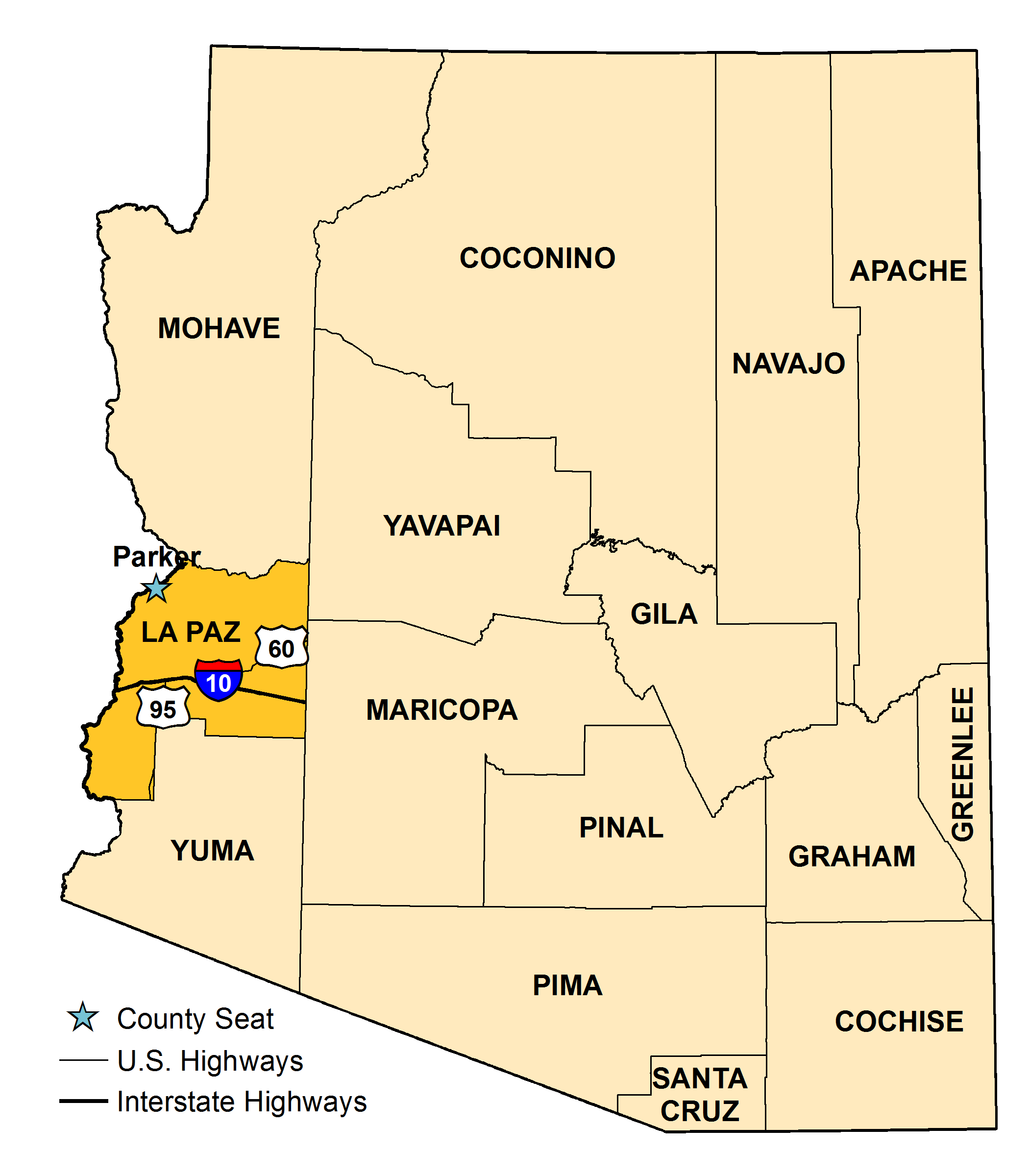 Map of Arizona with La Paz County County highlighted