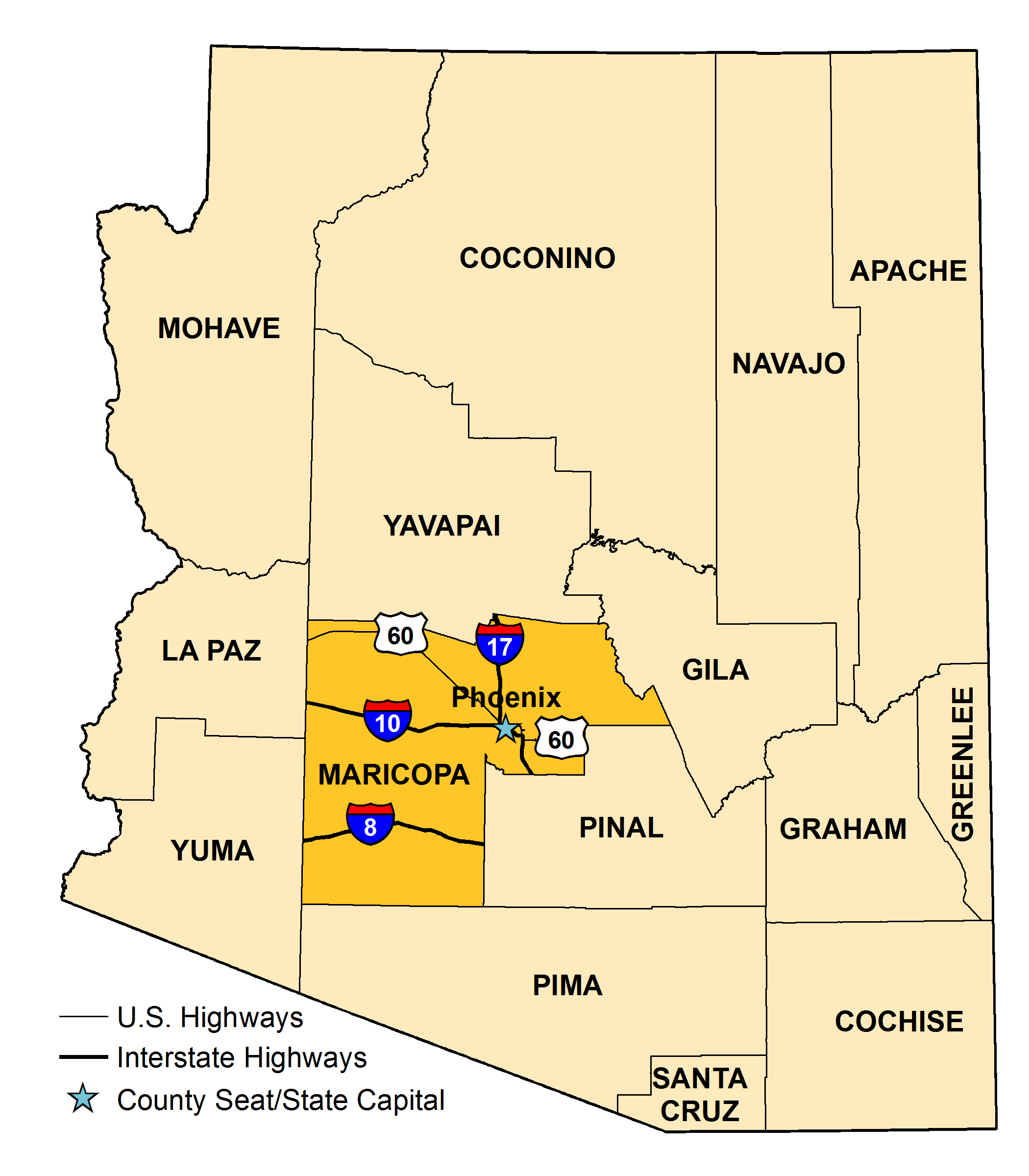Map of Arizona with Maricopa County County highlighted
