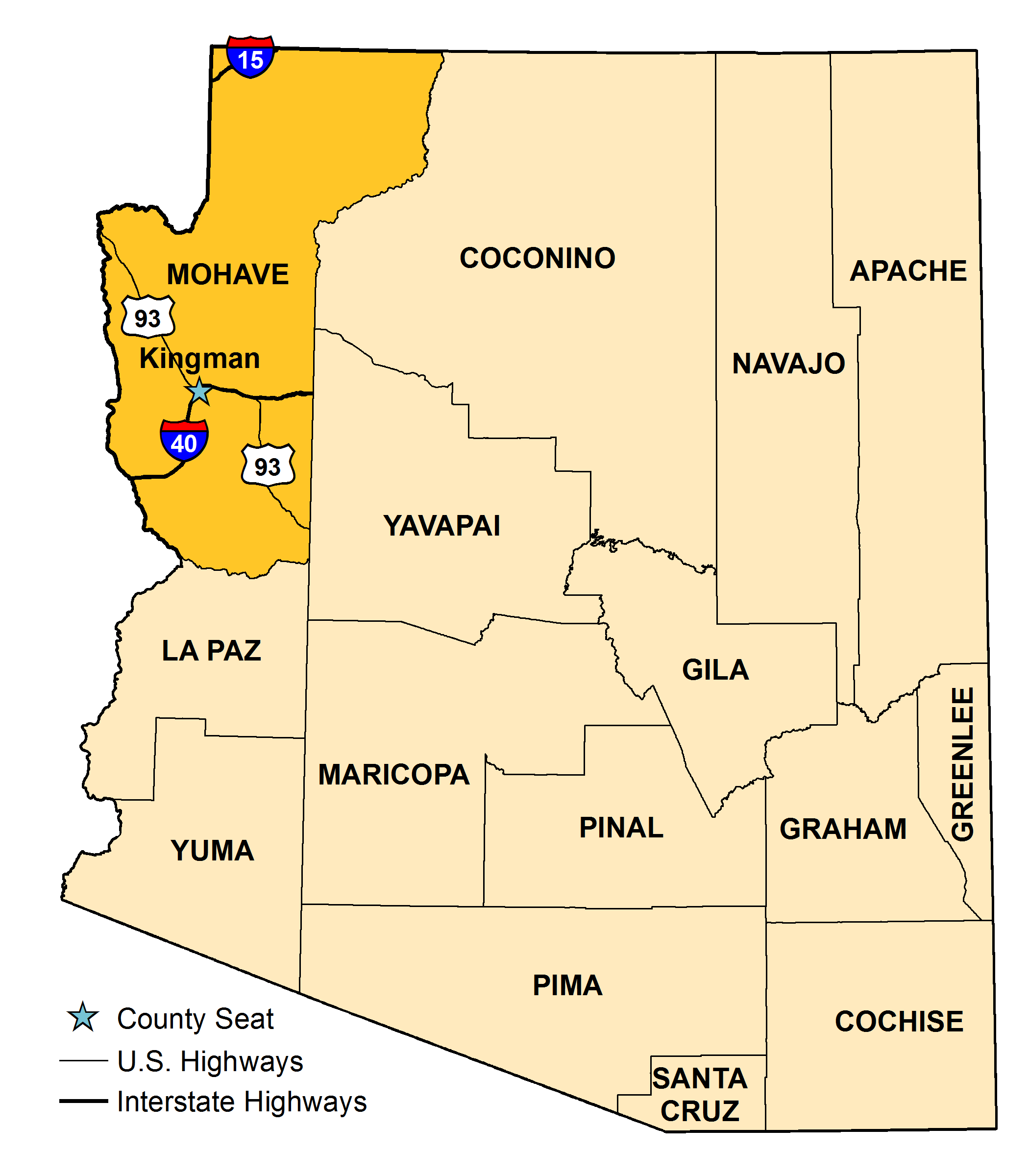 Map of Arizona with Mohave County County highlighted