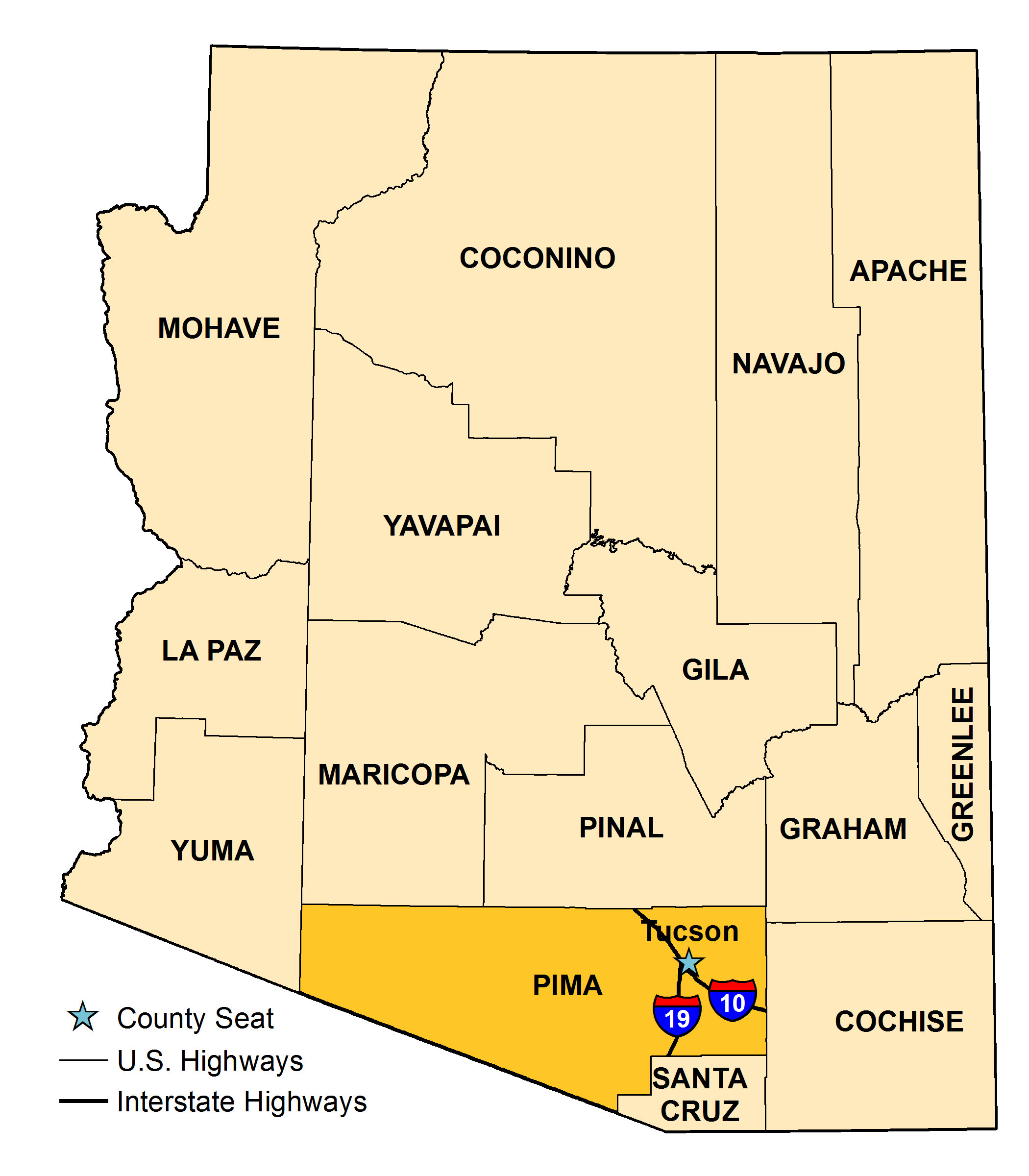 Map of Arizona with Pima County County highlighted