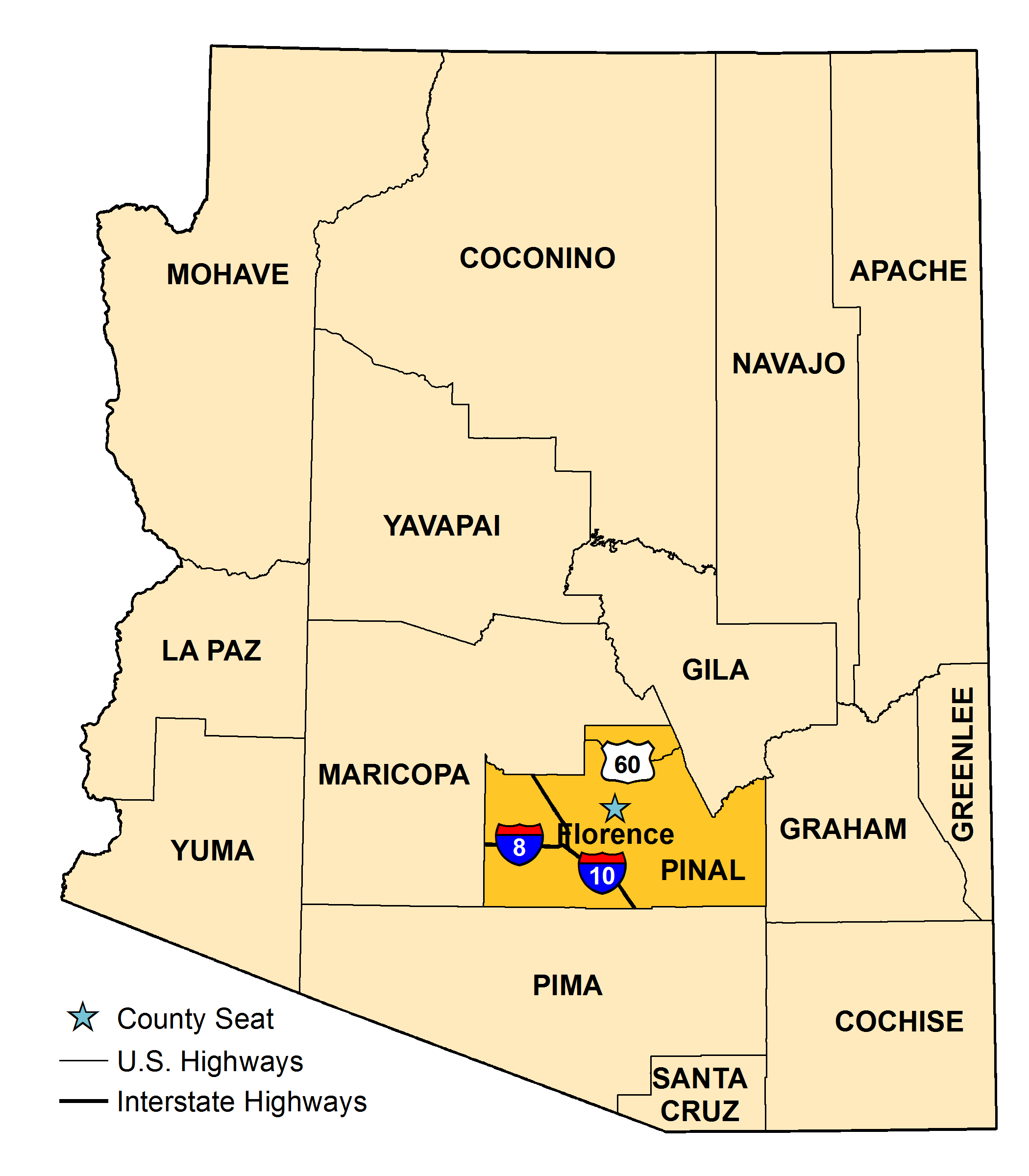 Map of Arizona with Pinal County County highlighted