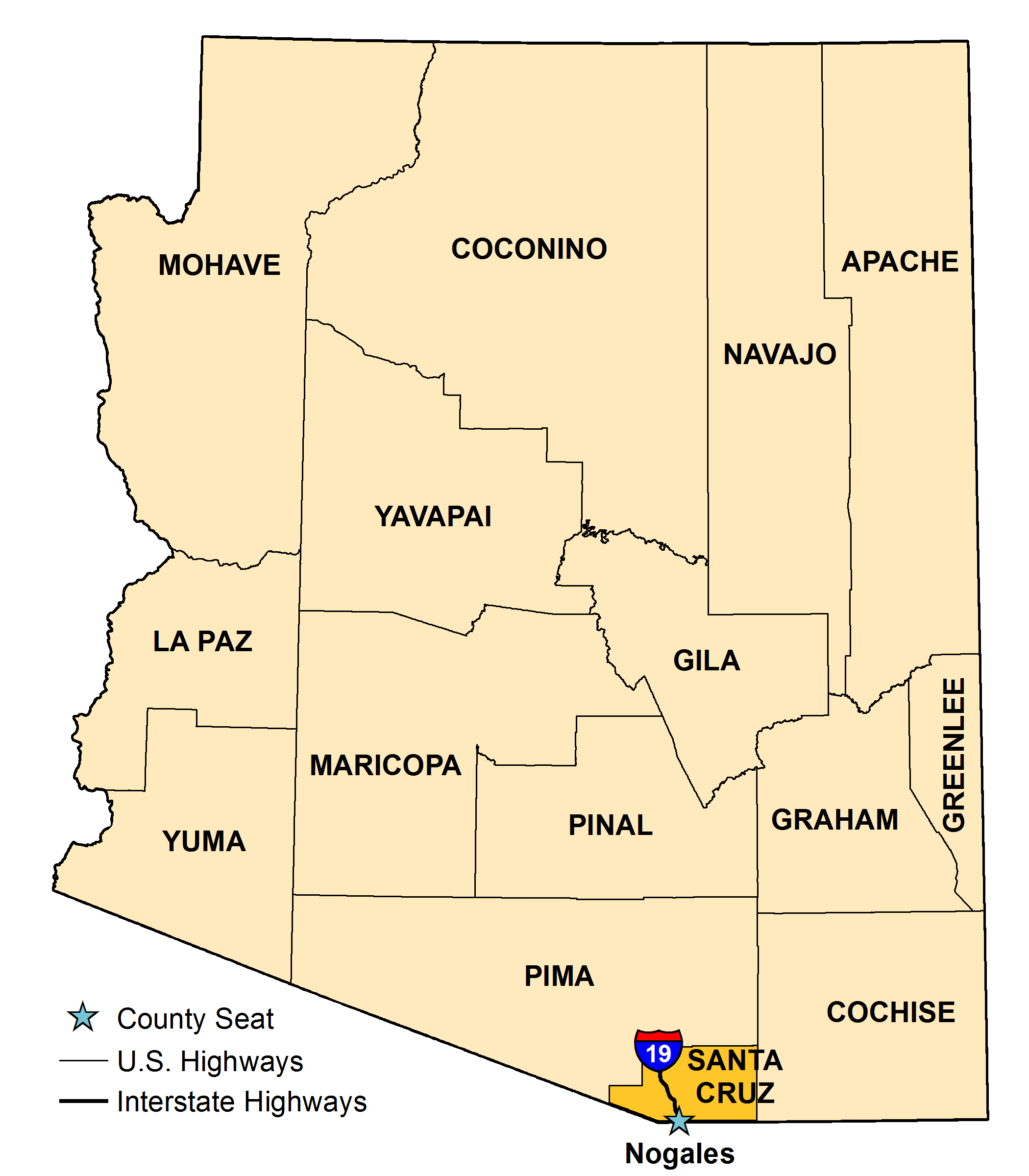 Map of Arizona with Santa Cruz County County highlighted