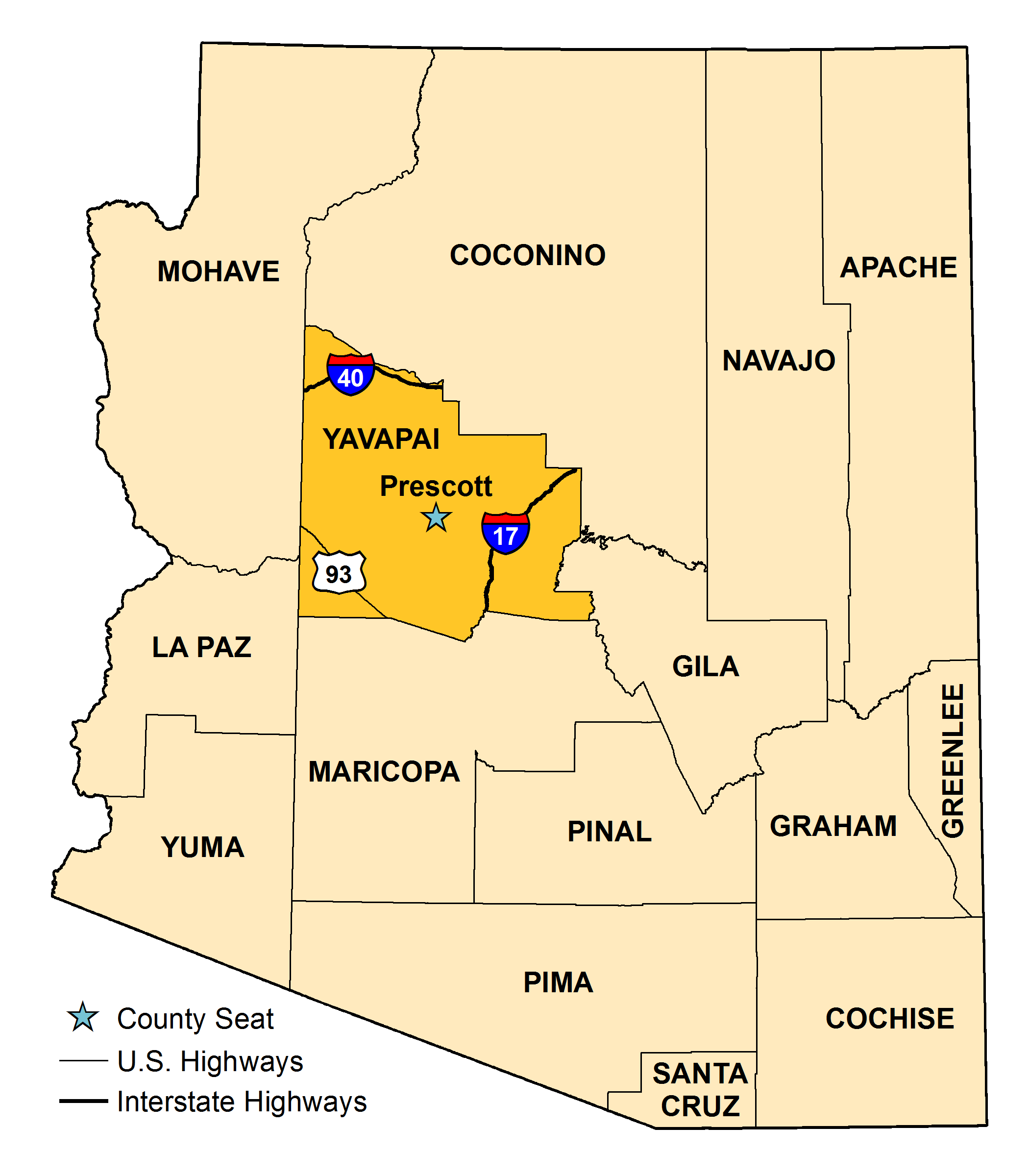 Map of Arizona with Yavapai County County highlighted