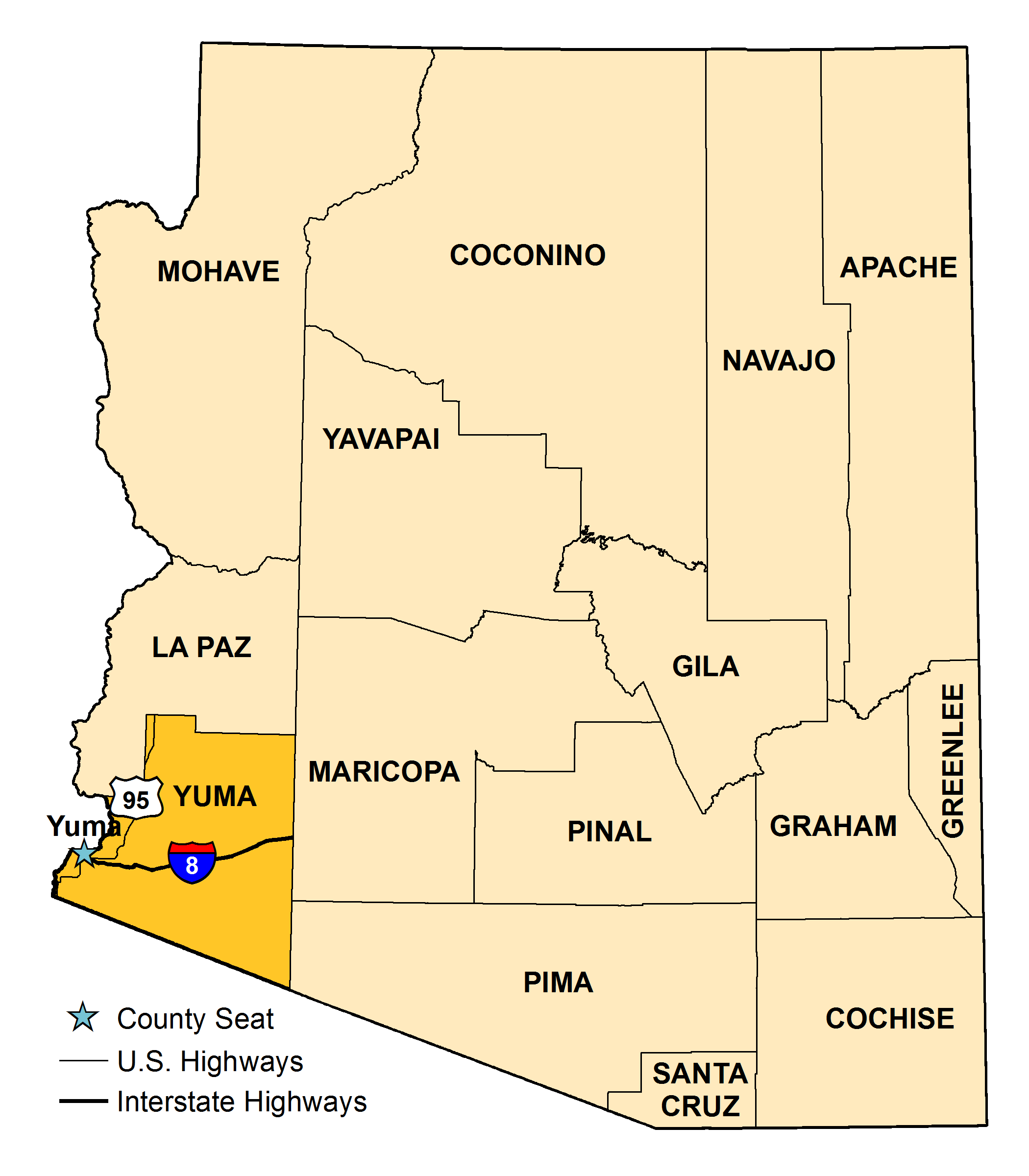 Map of Arizona with Yuma County County highlighted