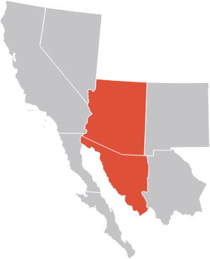 Map with Arizona and Sonora highlighted in orange