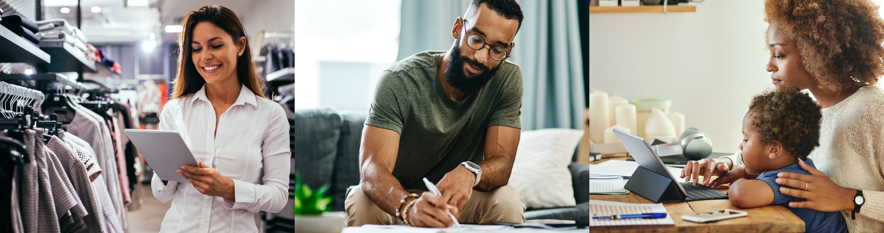 person on tablet, person writing, person with child