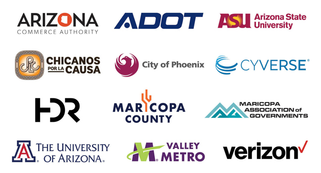 Arizona Commerce Authority logo, ADOT logo, Arizona State University logo, Chicanos Por La causa logo, City of Phoenix logo, Cyverse logo, HDR logo, Maricopa county logo, Maricopa Association of Governments logo, University of Arizona logo, Valley Metro logo, Verizon logo