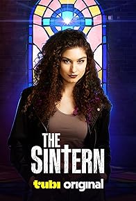 The Sintern Poster, tubi original. Woman standing in front of stained glass window.